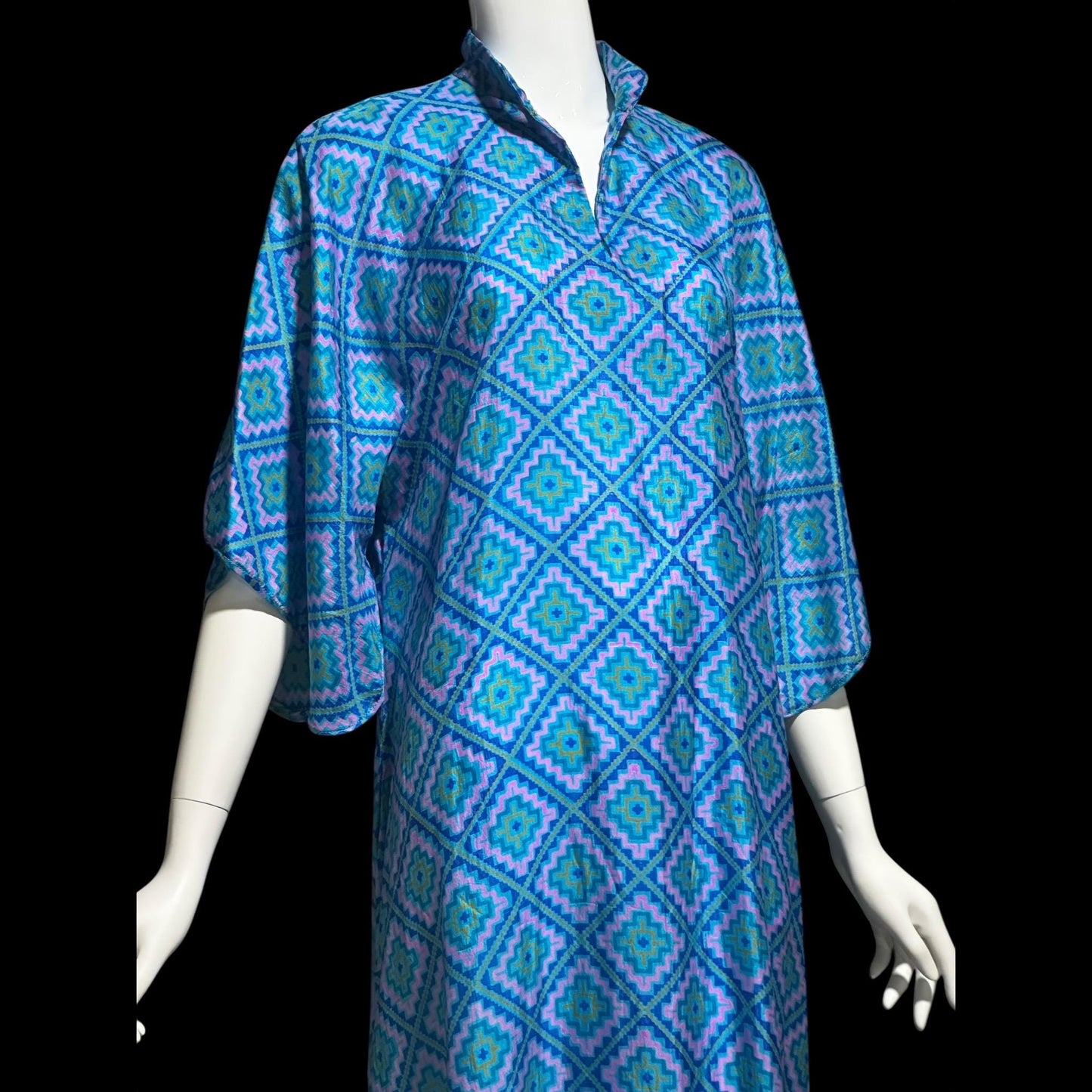 RAKSHA vintage 1970s Silk Caftan dress, Blue and green silk Hippie Boho Maxi Dress