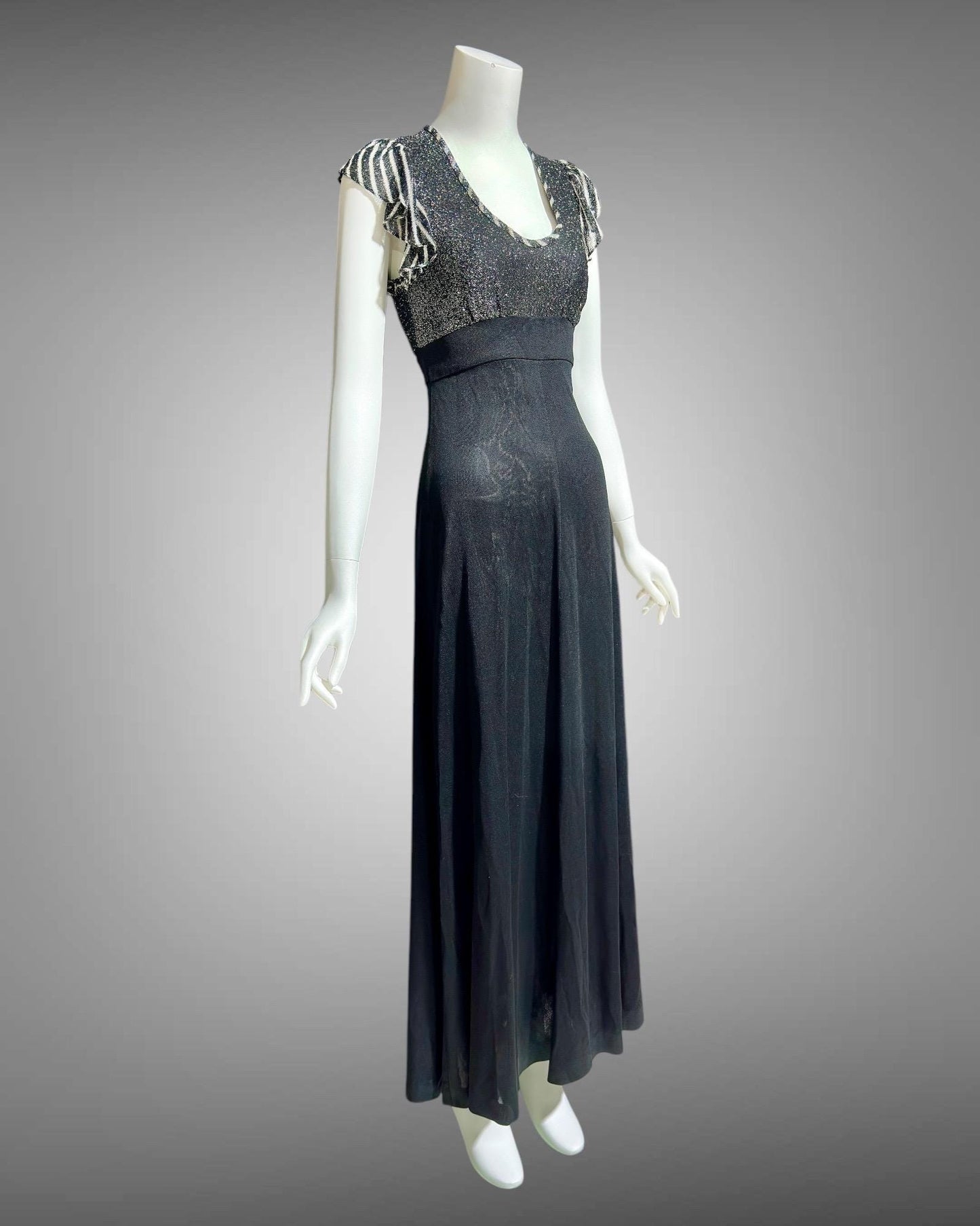 YOUNG INNOCENT by ARPEJA, 1970s vintage black jersey knit & lurex long dress