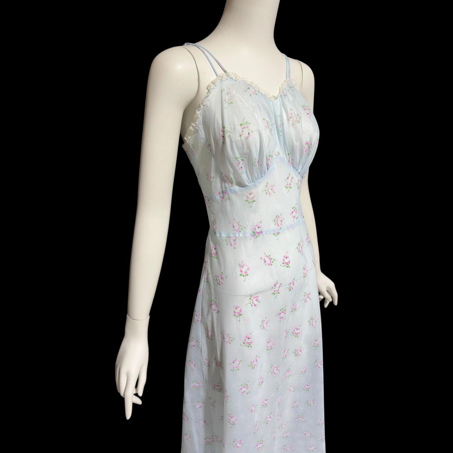 ALBERTA vintage 1940s nightgown slip dress, Sheer dusty blue with with pink rosebuds, Old Hollywood full length gown