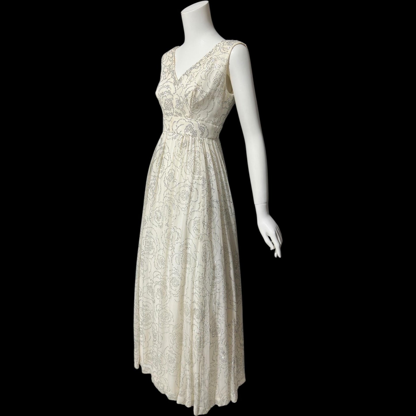 1960s vintage evening dress gown, white chiffon with sparkly silver rose sequins wedding bridal gown