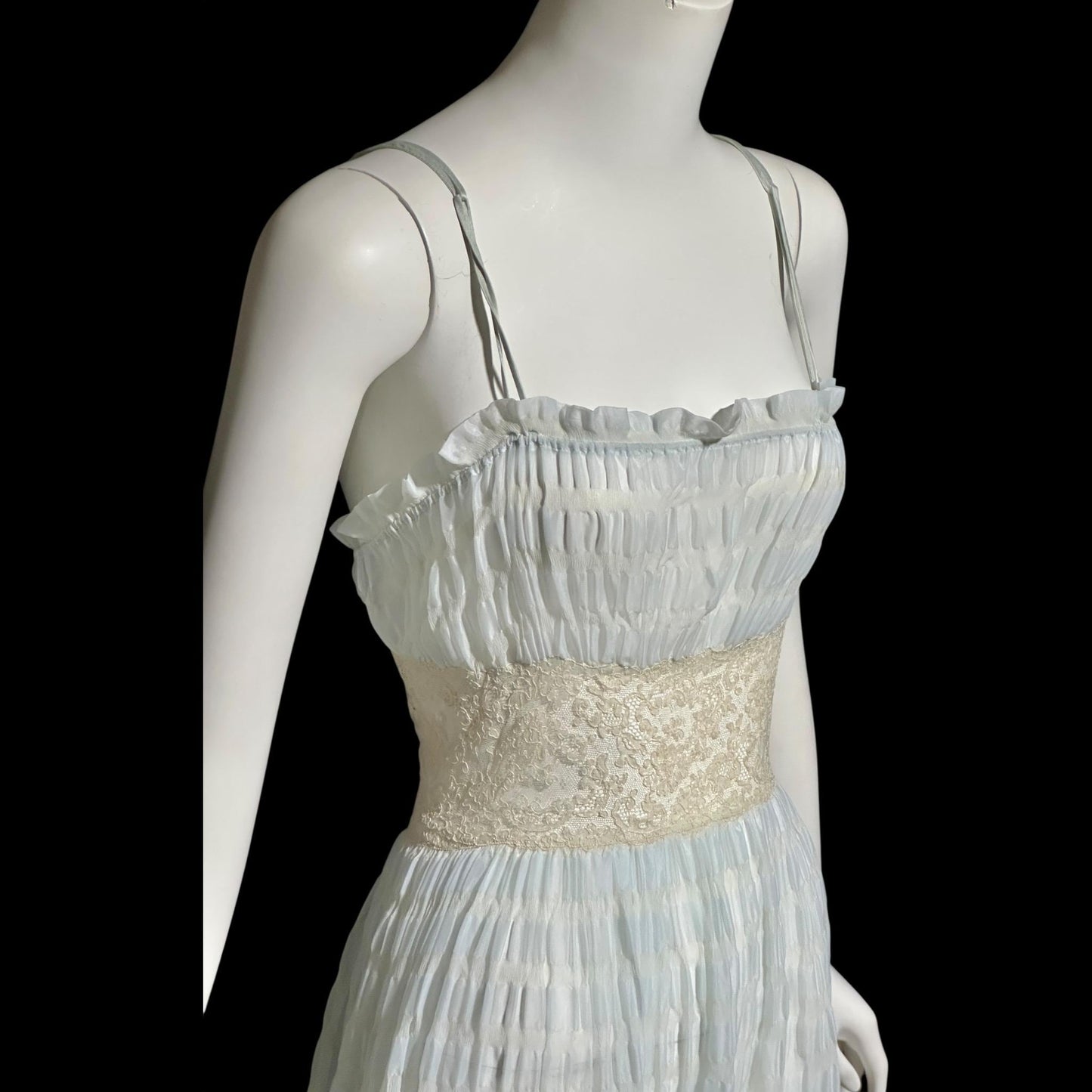 By IRIS, vintage 1930s Nightgown robe set, ethereal blue and white sheer waffled nylon slip dress and dressing gown, peignoir set