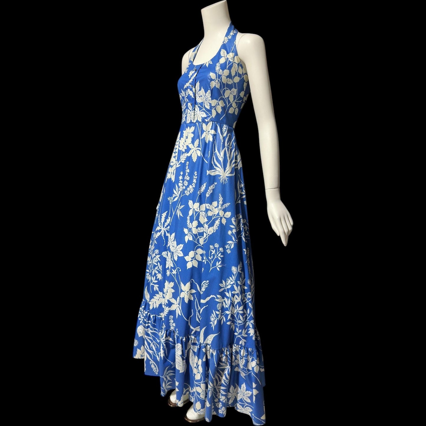 1960s vintage floral maxi dress, Blue white boho hippie halter full ruffle dress, polished cotton summer party sundress