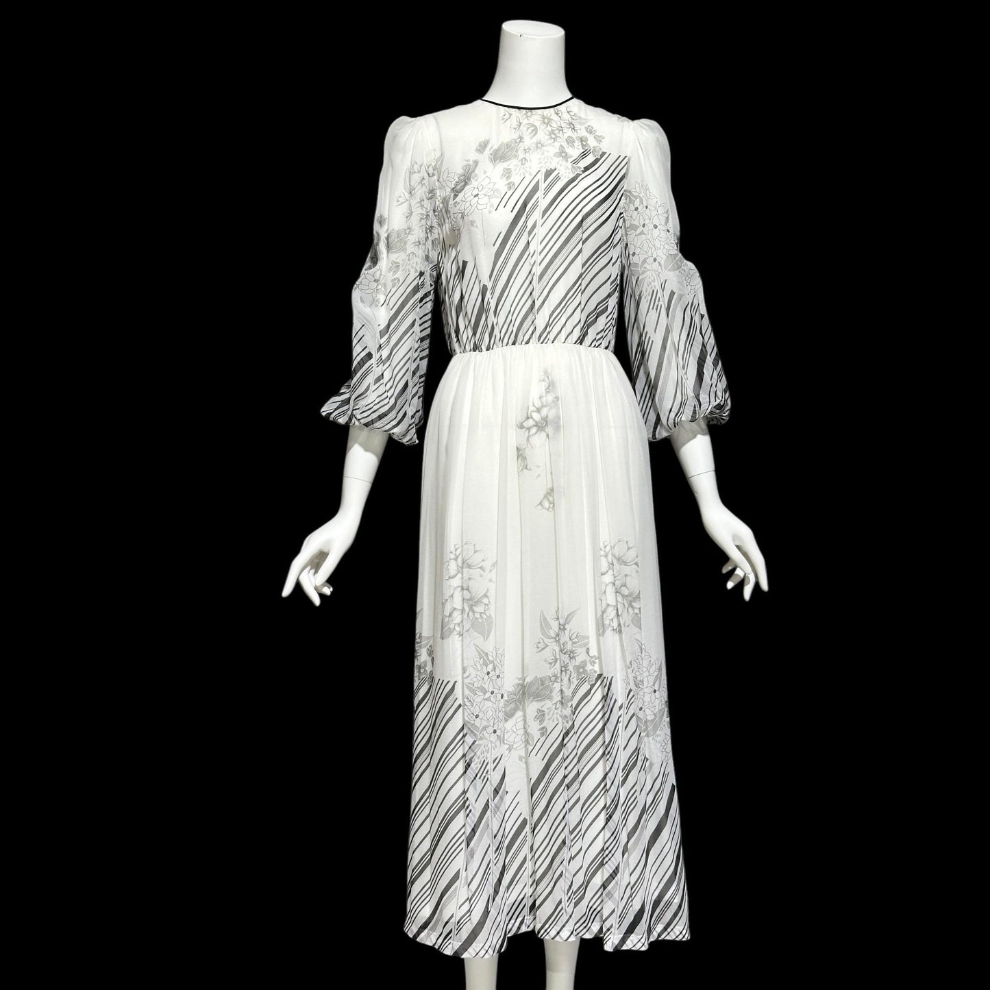 MOLLIE PARNIS by Morty Sussman, vintage 1970s evening dress, chiffon black and white floral poly chiffon gown