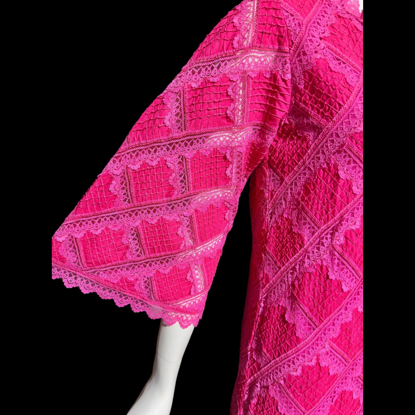 XIHUATL vintage 1960s Mexican cotton day dress, Hot Pink Pintuck Patchwork cotton and lace