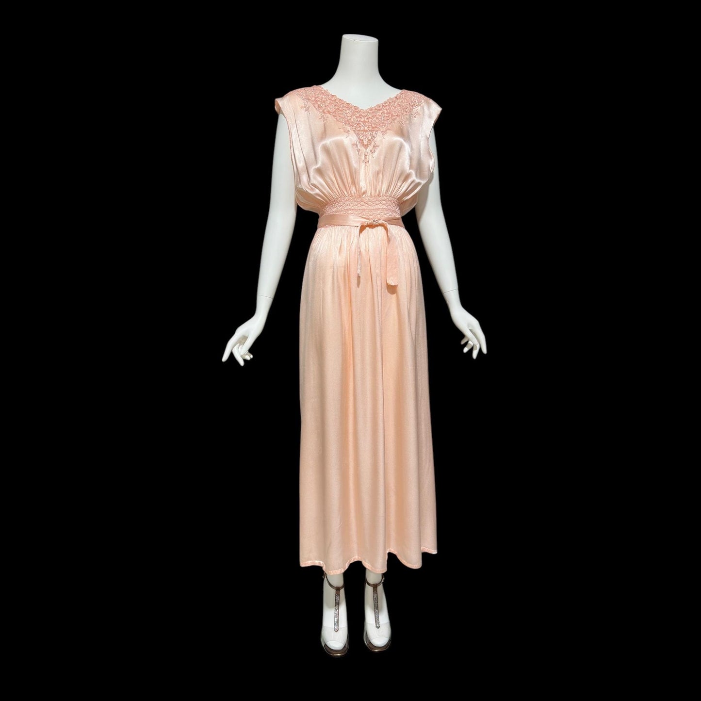 1930s vintage Nightgown slip dress, peachy pink silky smocked night dress