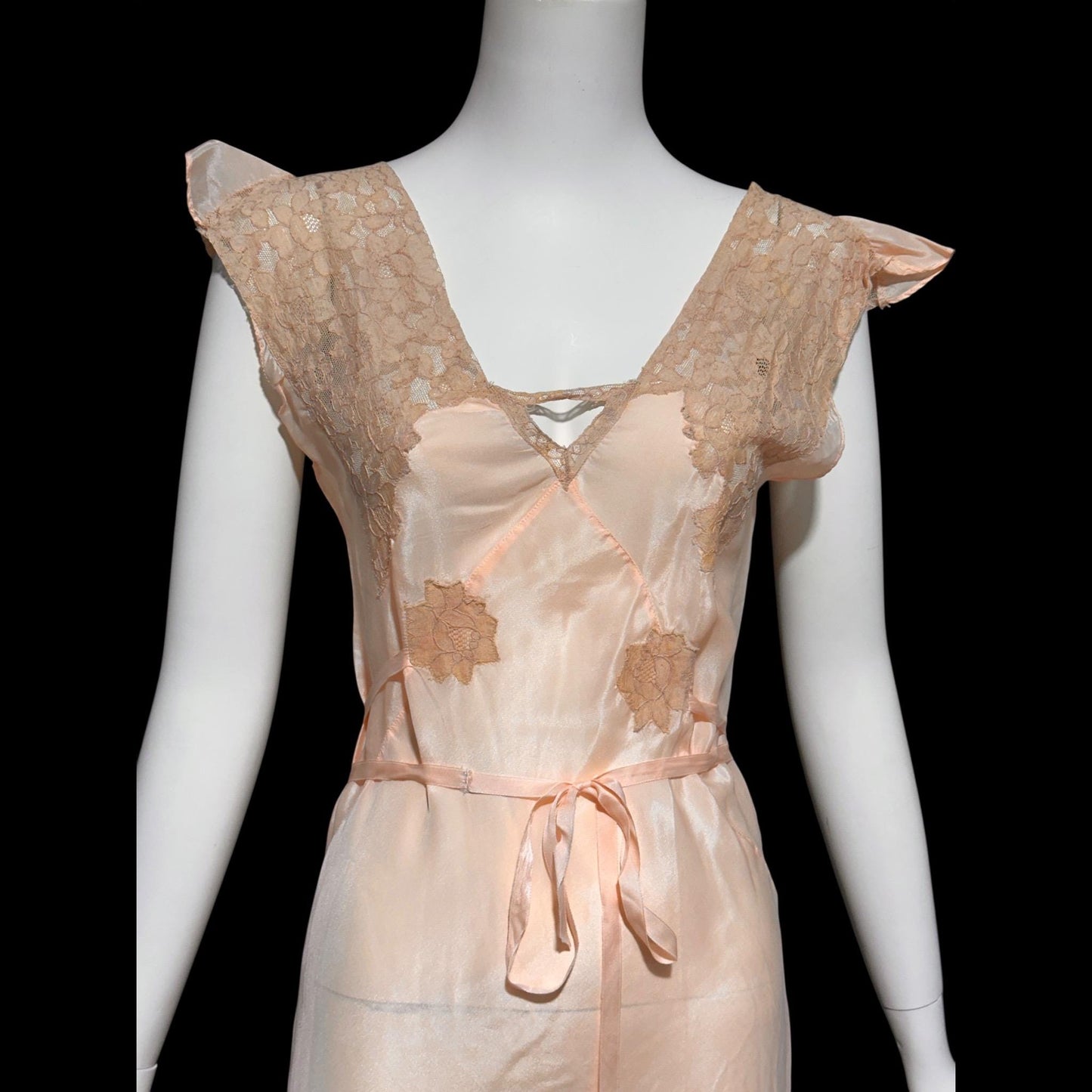 1930s Rayon Slip Dress: Vintage Bias Cut Shiny Peach Nightgown, Lace Trim