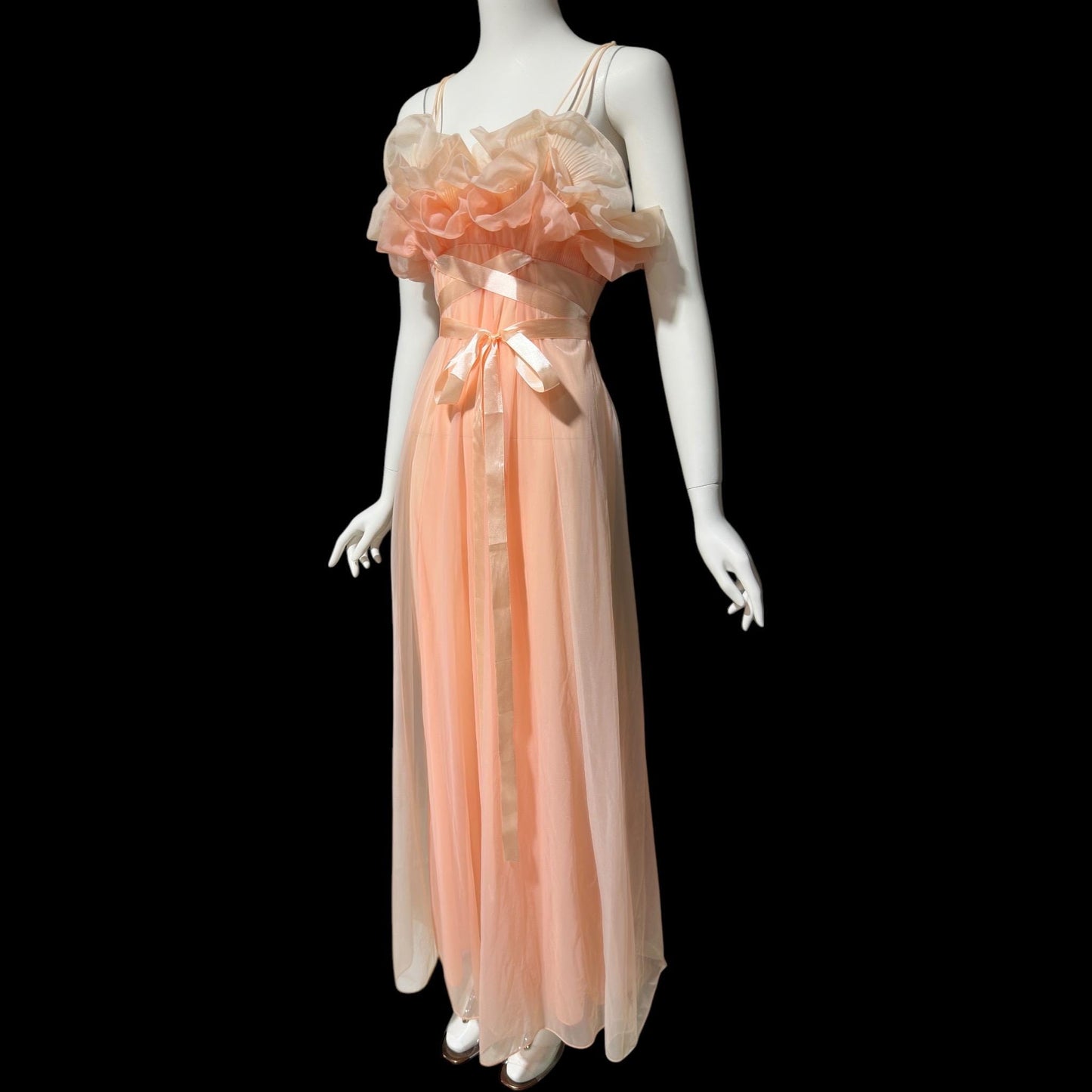 VANITY FAIR, vintage 1950s nightgown slip dress, peaches and cream sheer chiffon ruffles Grecian goddess gown