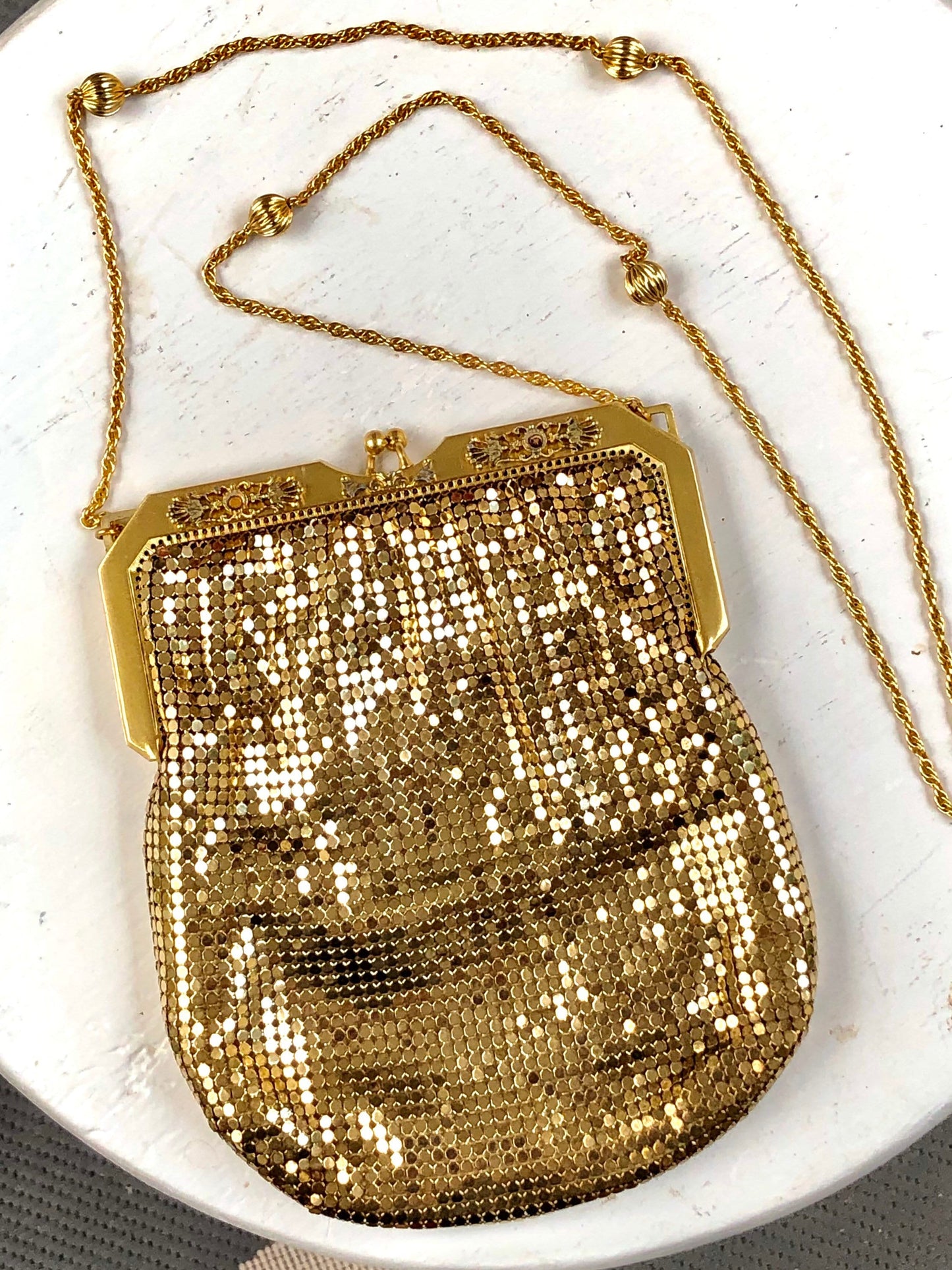 WHITING & DAVIS vintage 1960s mesh bag purse, gold mesh dance evening bag