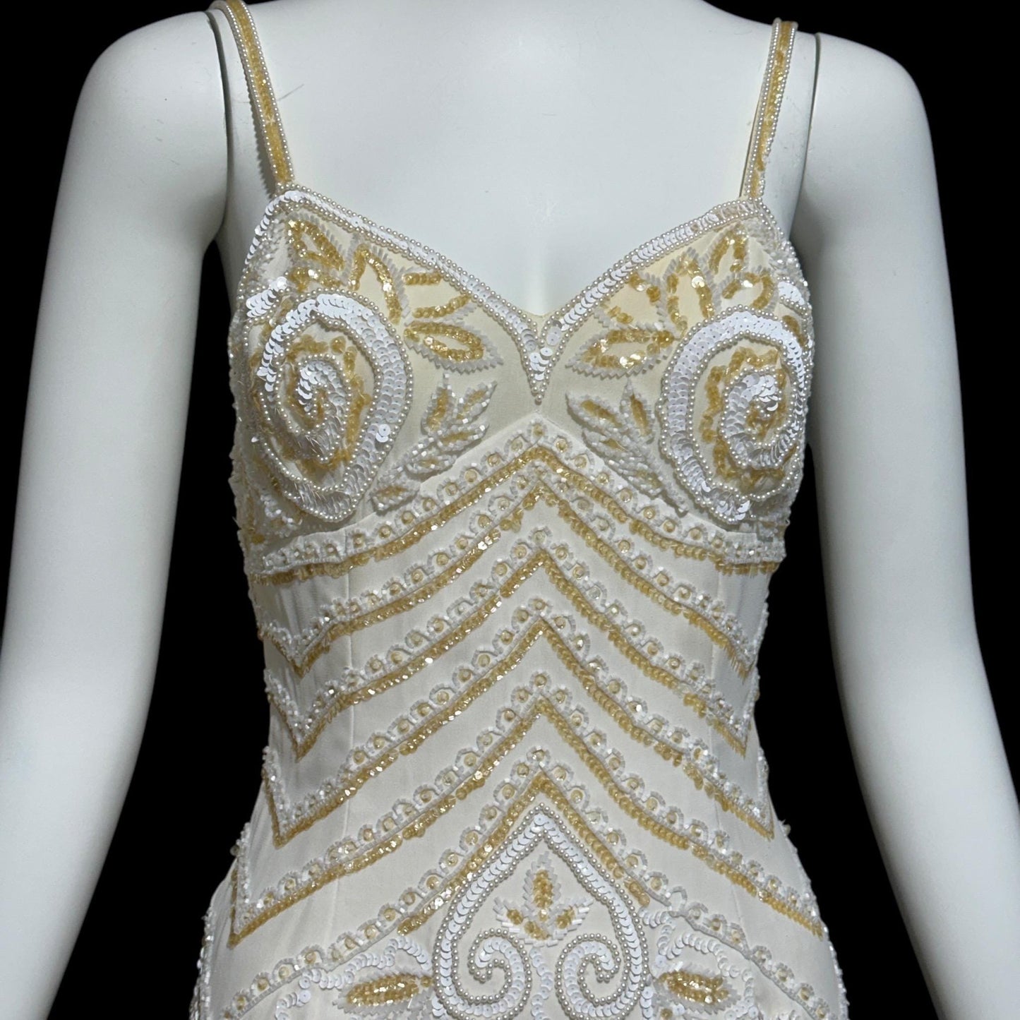 EVA HAYNAL FORSYTH, Vintage 1990s evening wedding dress, off white beaded sequins mermaid sheath slip dress gown