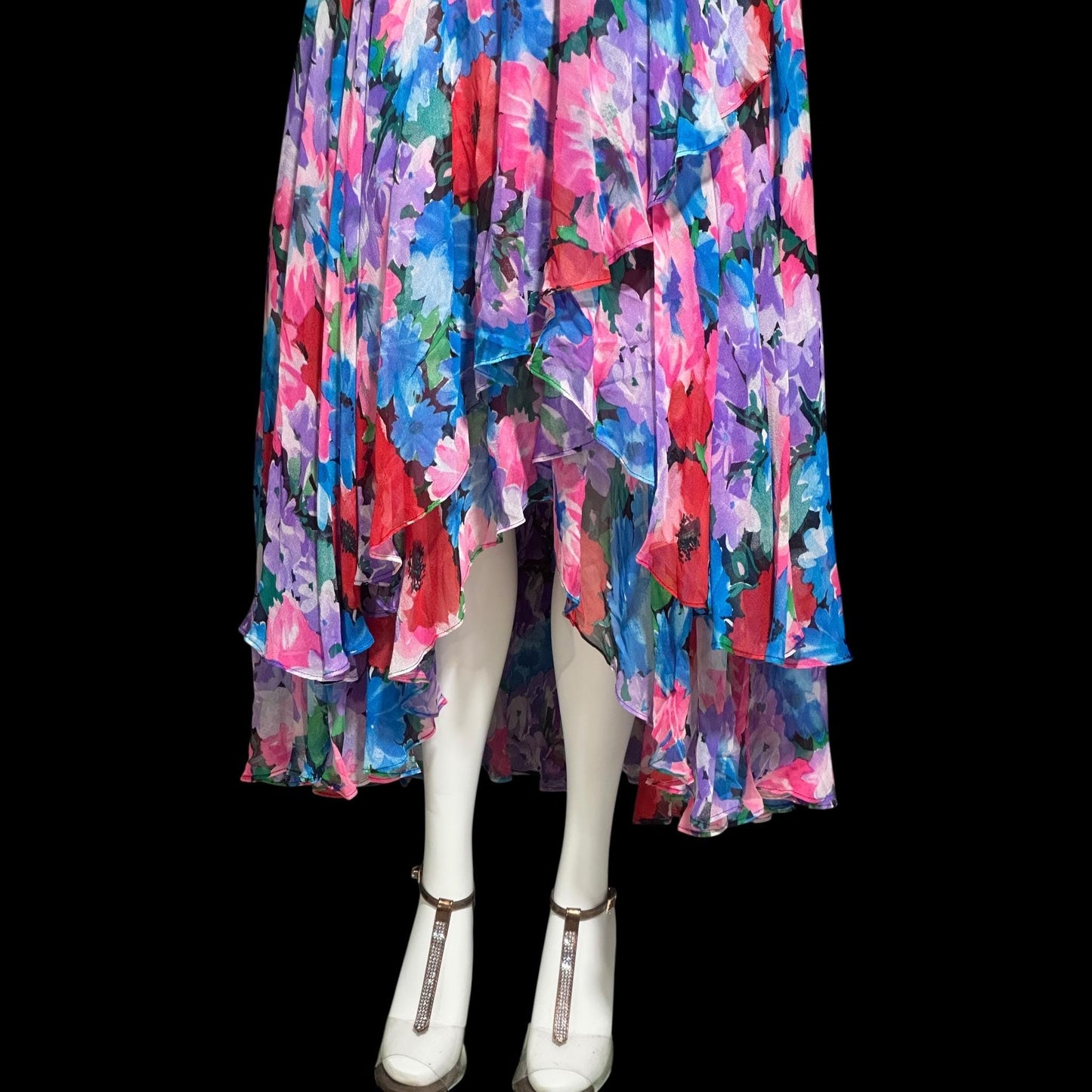 DIANE FREIS vintage 1980s silk dress, Neiman Marcus floral gypsy dress, flutter sleeves high low ruffle cocktail dress