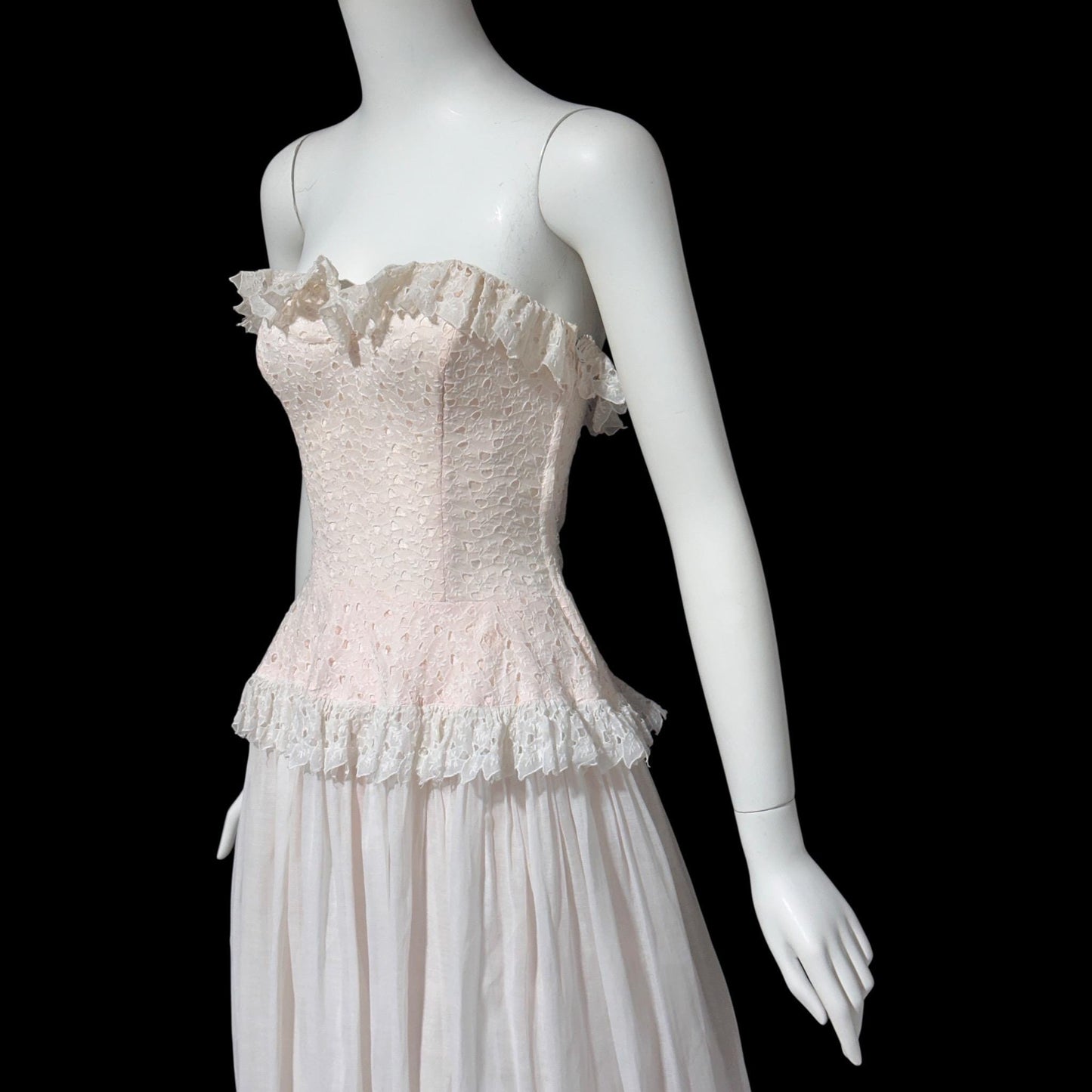1940s vintage dress gown, soft petal pink and white cotton eyelet, with white organdy evening wedding gown