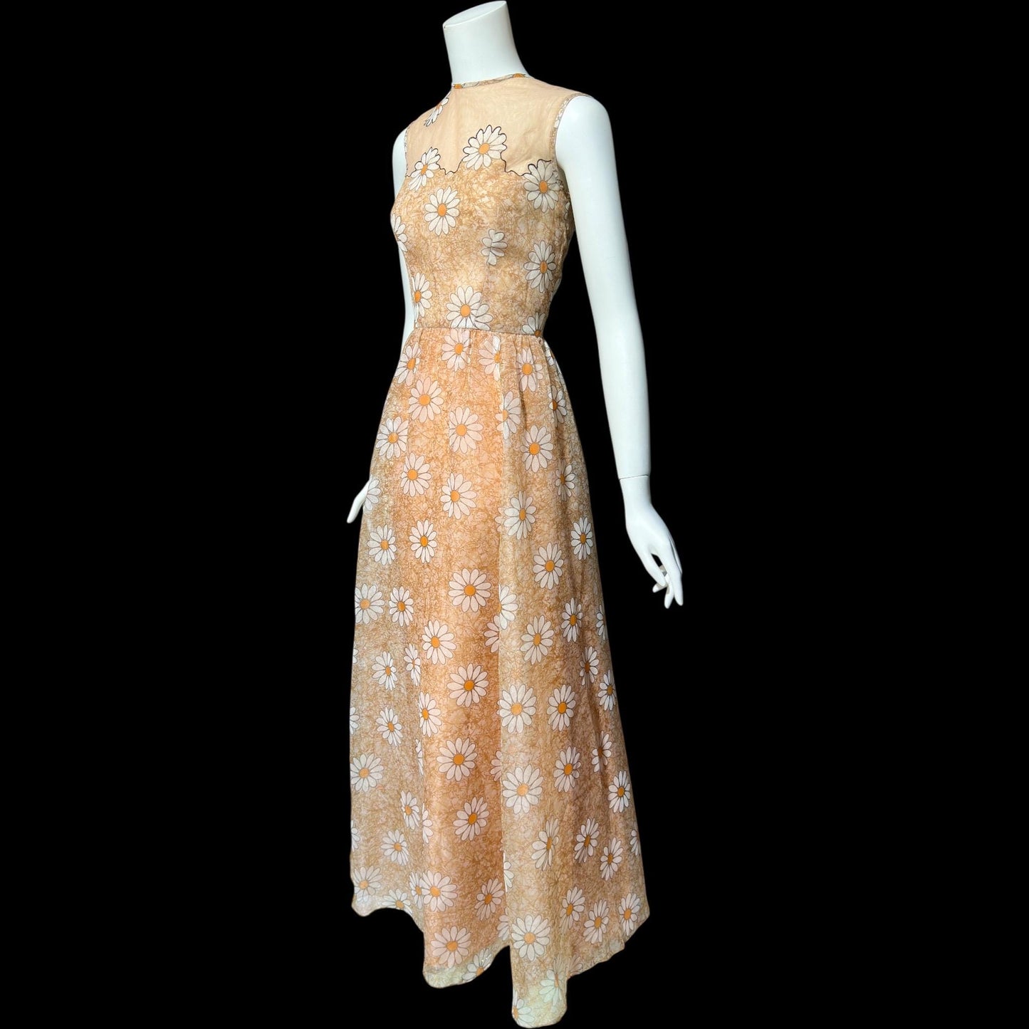 LILLI DIAMOND vintage 1960s evening dress gown, Daisy floral voile maxi dress, illusion neckline