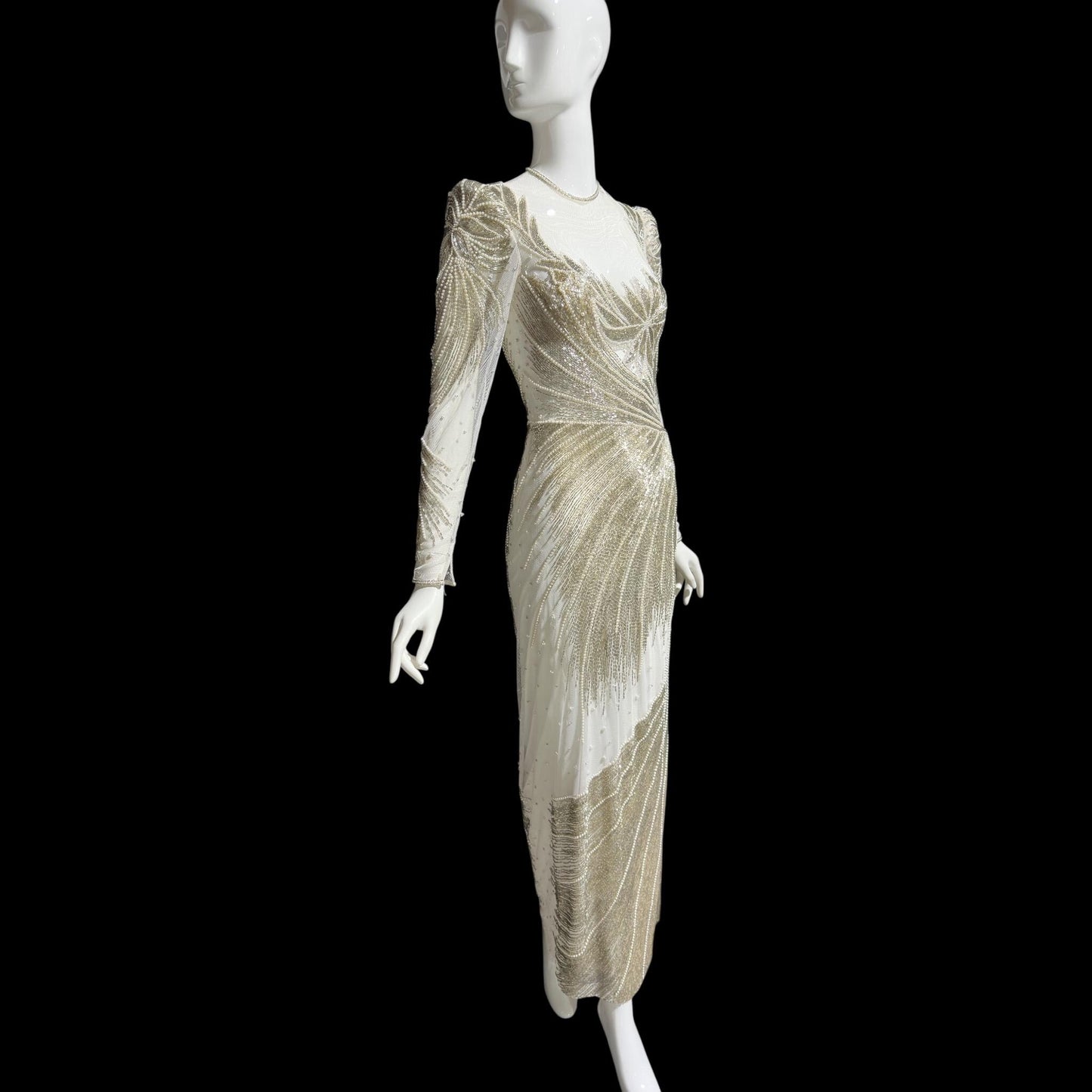 CARLOTA ALFARO, vintage 1970s evening gown dress, White mesh with silver and white beads sheath dress