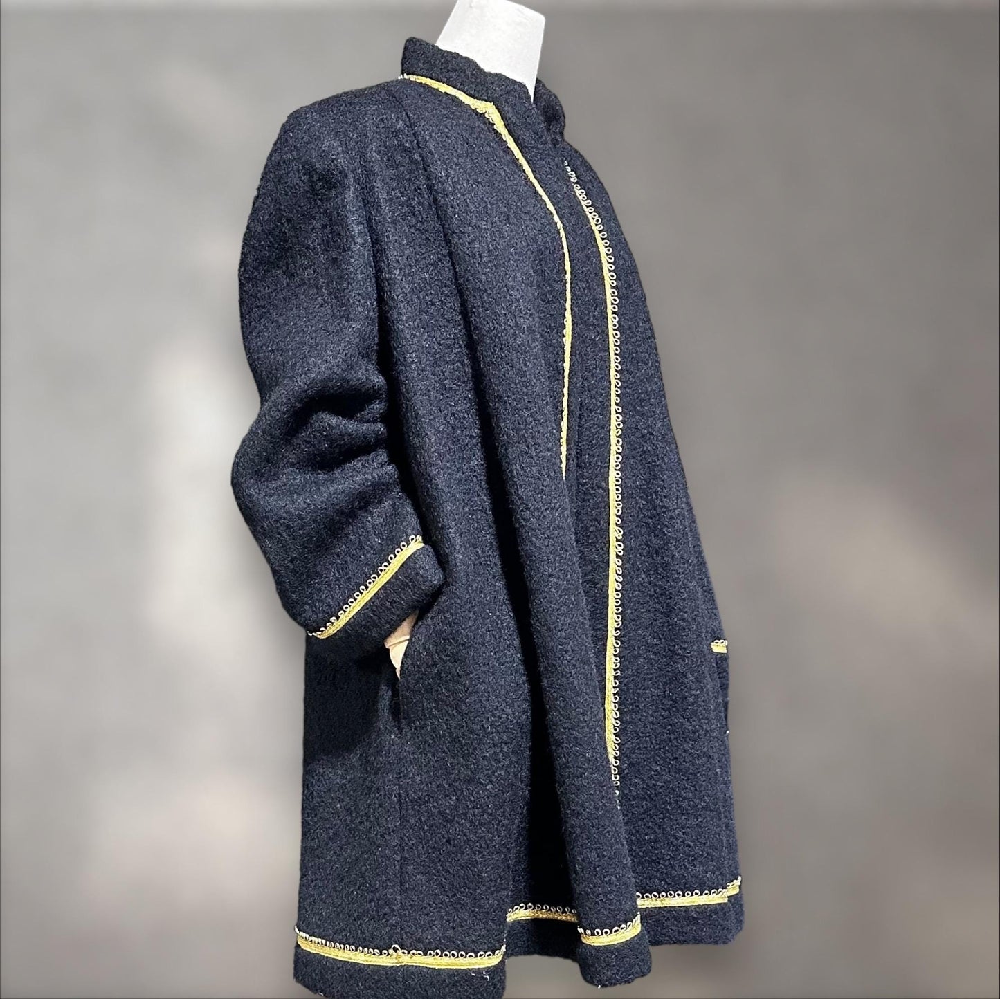 TRIGERE 1980s mohair swing coat, for SAKS 5th Ave Black mohair gold metallic cord