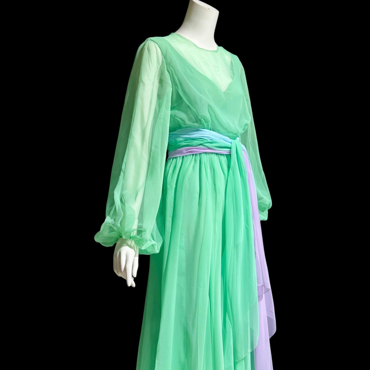 HELEN ROSE, vintage 1970s evening dress, ethereal pastel chiffon green, blue, lavender, sheer chiffon blouson bishop sleeves dress