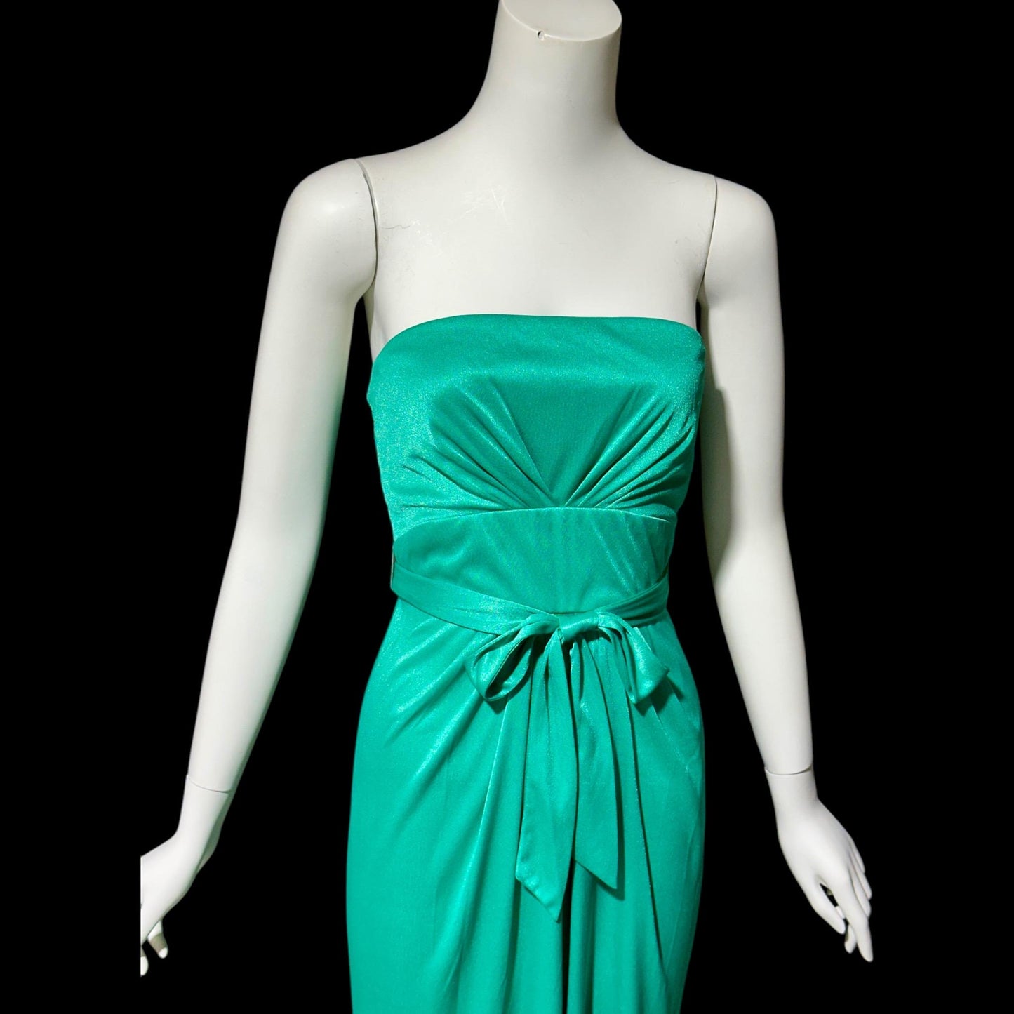 ESTEVEZ evening dress, vintage 1970s teal green jersey knit gown, Studio 54 cocktail disco party dress