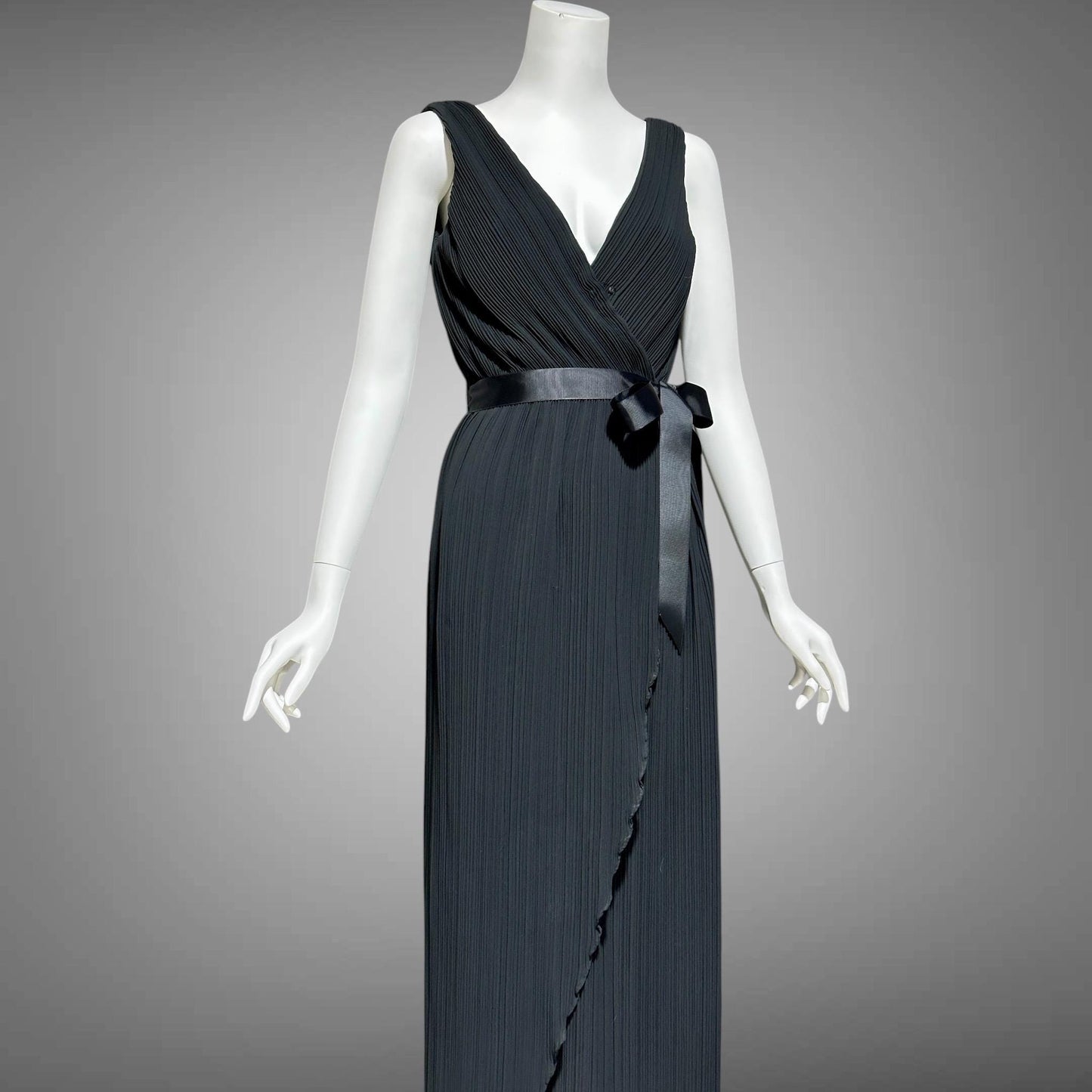 MARSHALL ROUSSO Las Vegas, vintage 1970s evening dress, black pleated plisse wrap front grecian goddess gown