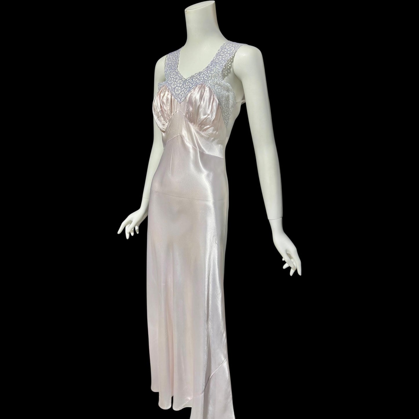 1940s vintage Nightgown slip dress, Shiny bias cut lavender night dress, full length with blue eyelet lace