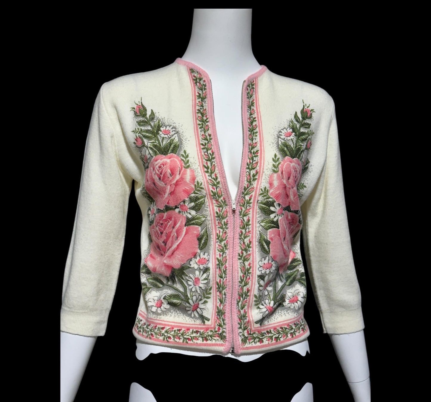 BERNICE CREATIONS, vintage 1950s cardigan, cream and pink rose print acrylic zip front sweater