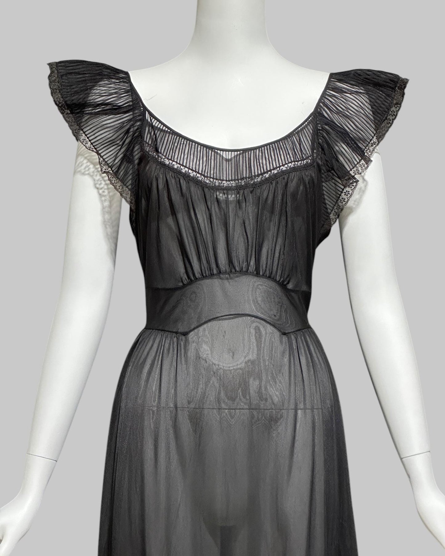 KAYSER vintage 1950s nightgown slip dress, ethereal sheer black chiffon and lace micro pleat gown