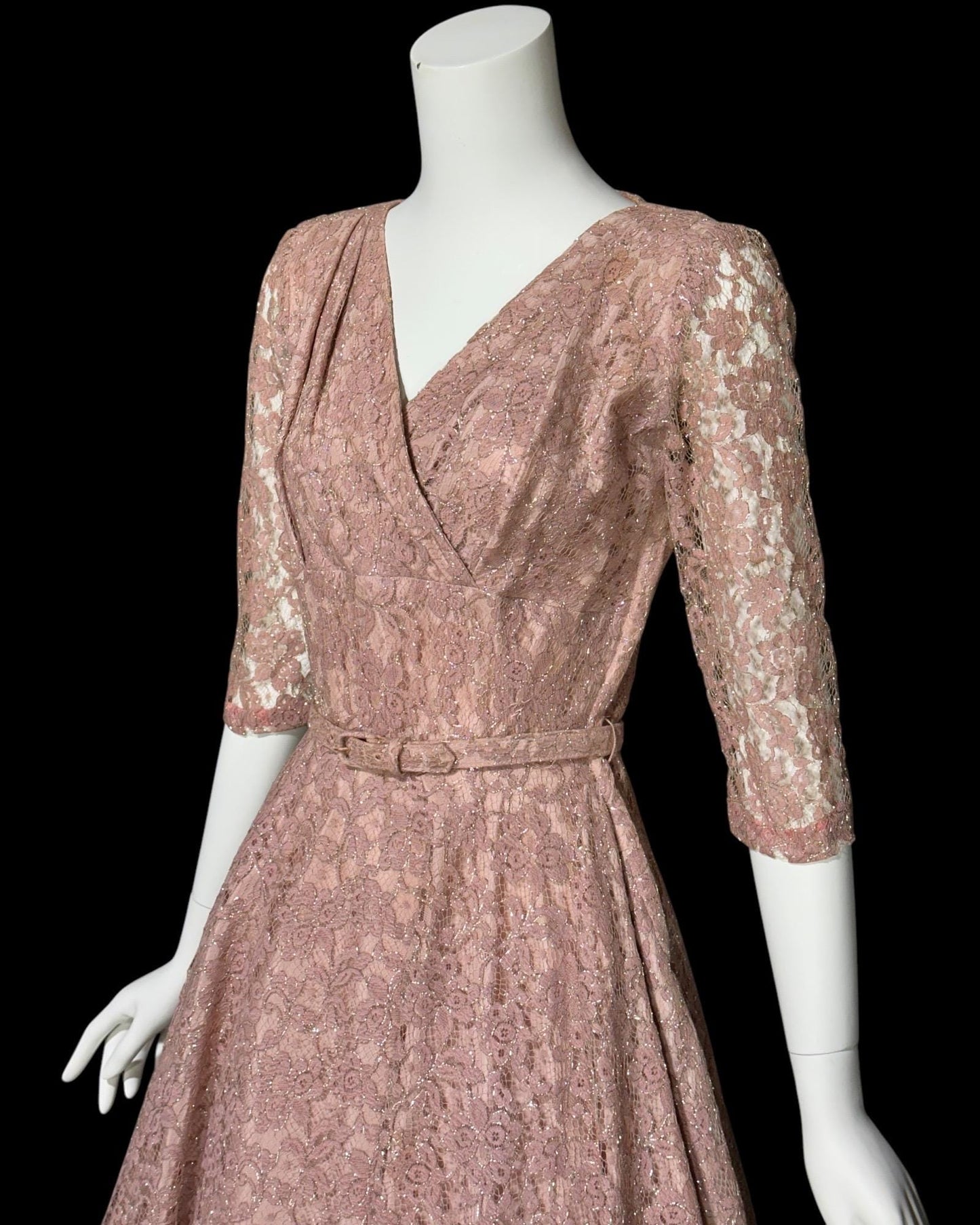 ANN KAUFFMAN, vintage 1940s dress, Old Rose Pink lace w/ silver metallic, shelf bust fit and flare cocktail party evening dress
