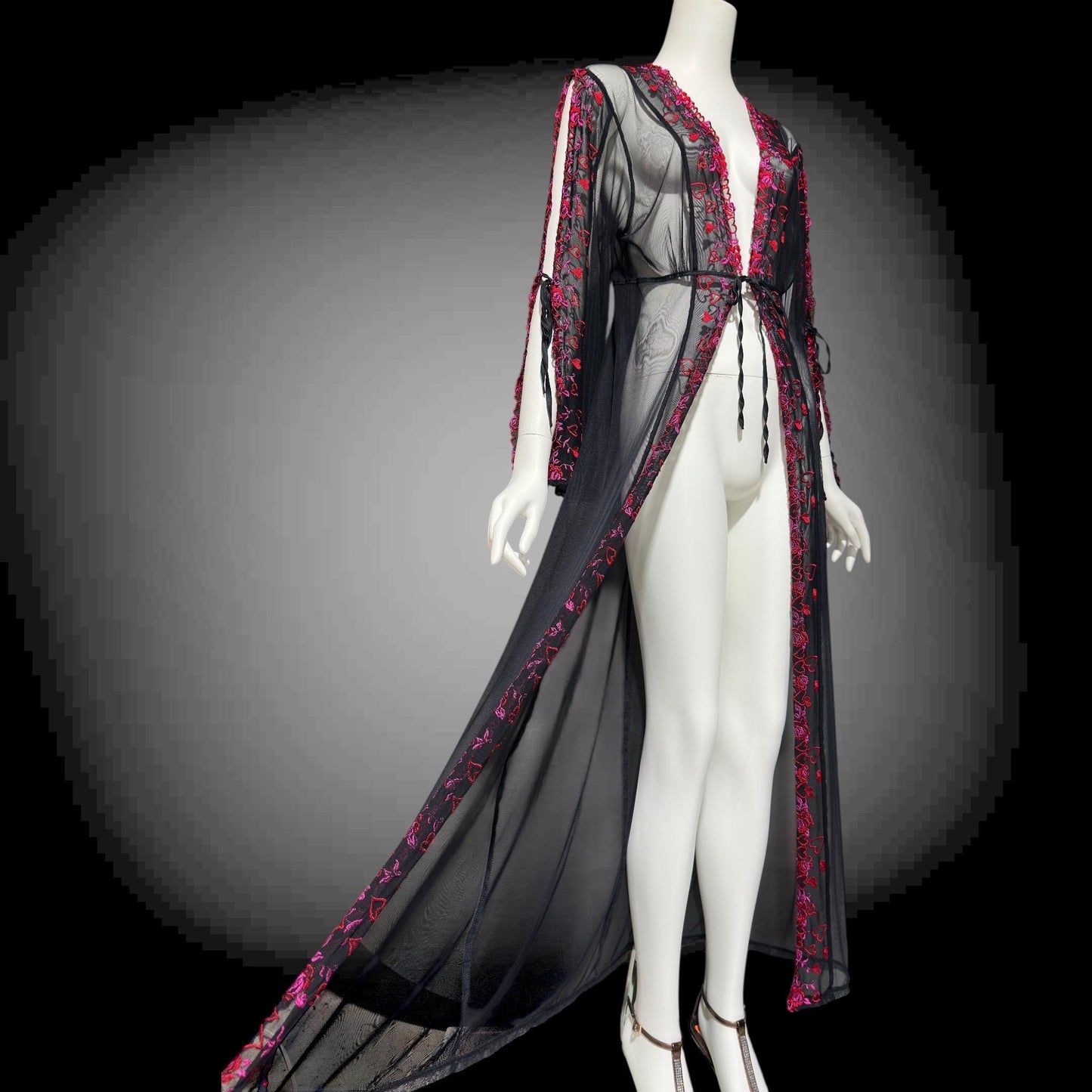JACALYN BENNETT, Vintage 1990s lace mesh robe, FREDERICK'S of Hollywood, sheer black mesh dressing gown