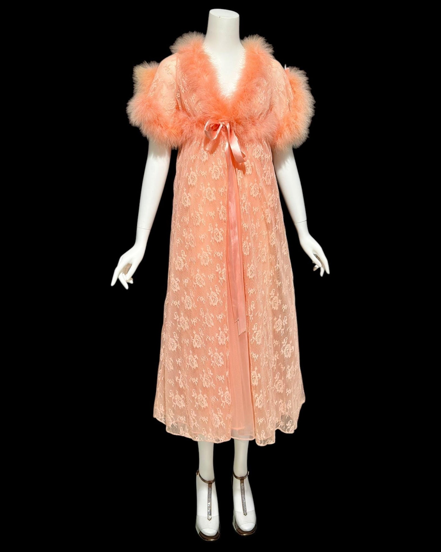 JENELLE vintage nightgown robe set, 1960s Orange Sherbet double layer chiffon peignoir set, Marabou feathers