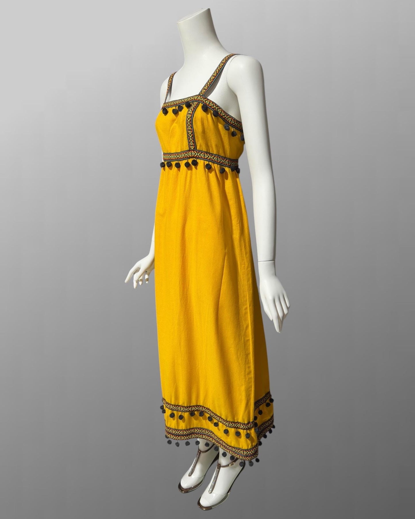 1970s vintage Mango Yellow Cotton Casual Sundress with Pom Poms