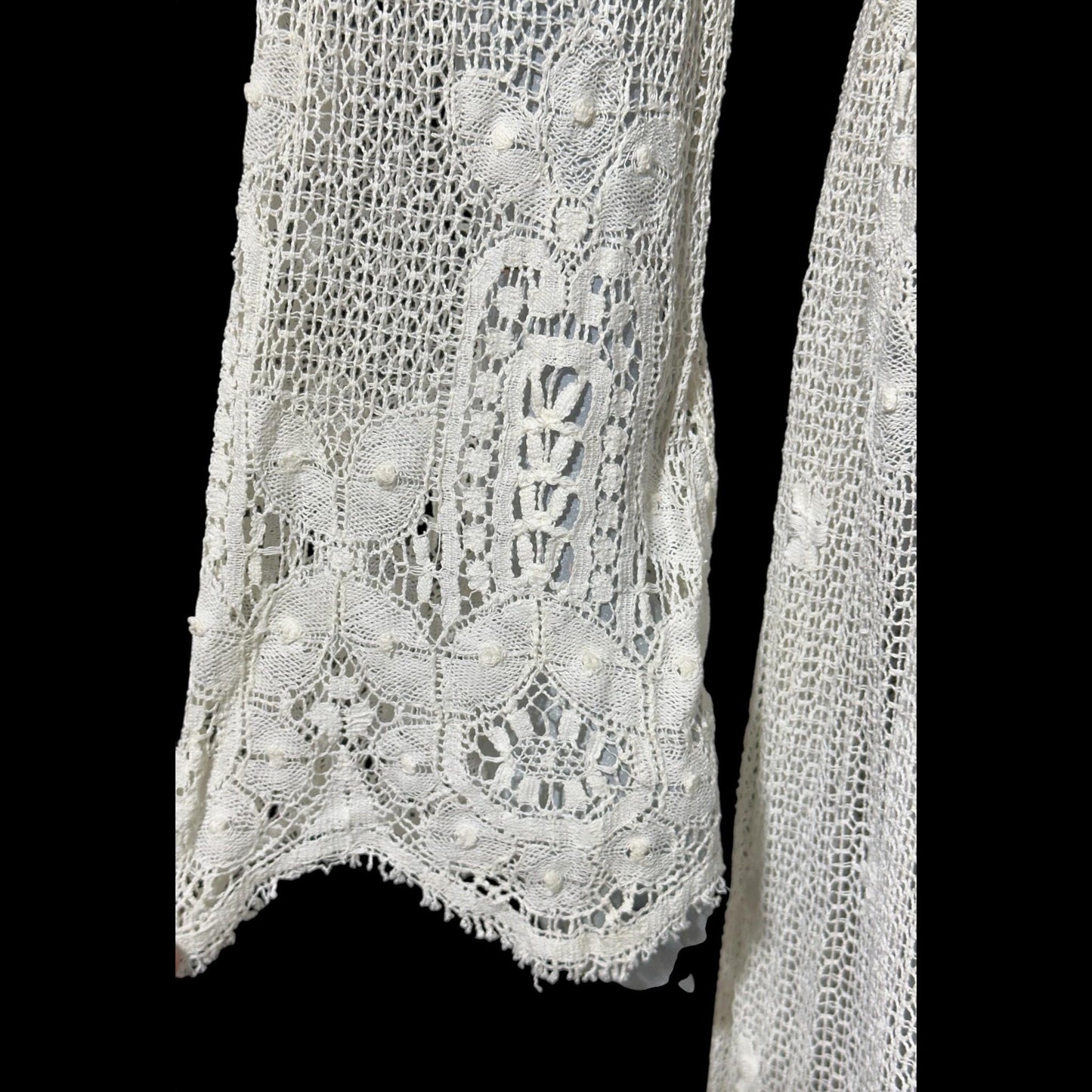 1970s vintage crochet maxi dress, white cotton open knit bridal wedding dress, Victorian style gown