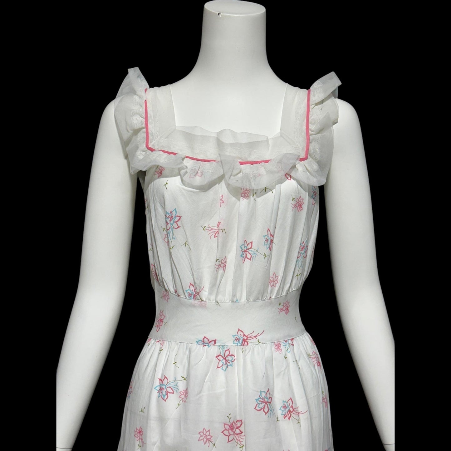 PHIL-MAID, vintage 1940s nightgown, pink blue white floral cone-bell combed cotton house dress, New Old stock