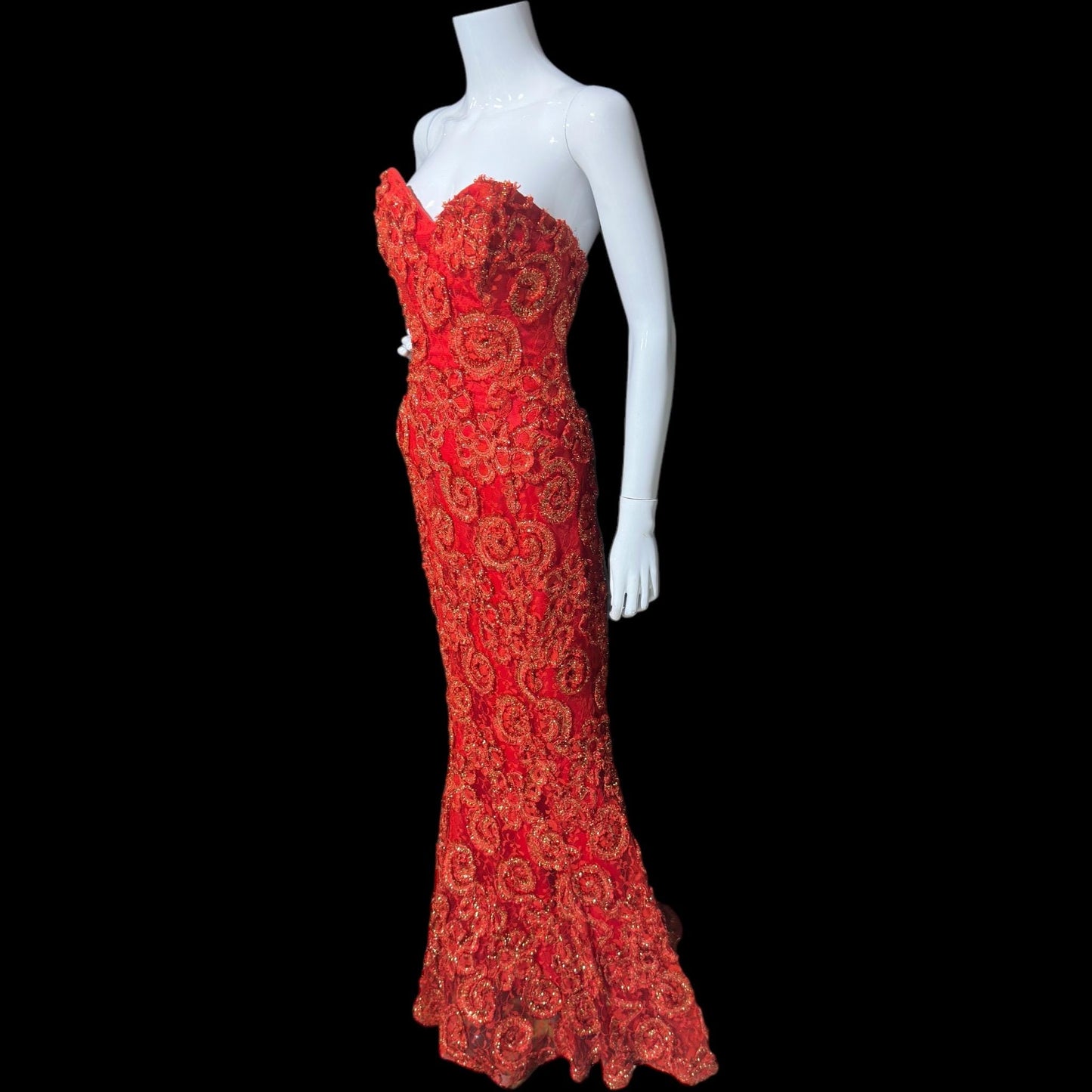 ALYCE DESIGNS, vintage 1980s evening dress, cherry red strapless sheath mermaid gown, bodycon and eyelash lace