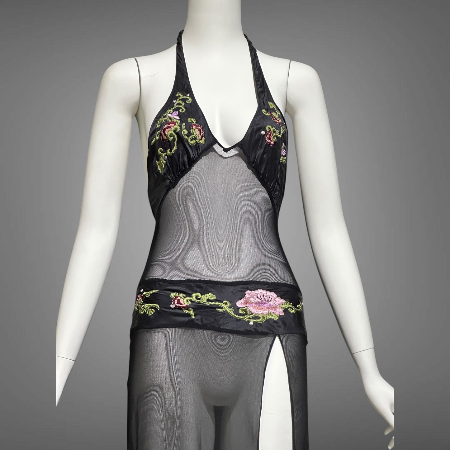 JACALYN BENNETT for FREDERICK'S of Hollywood, vintage Y2K nightgown slip dress, black silk and mesh