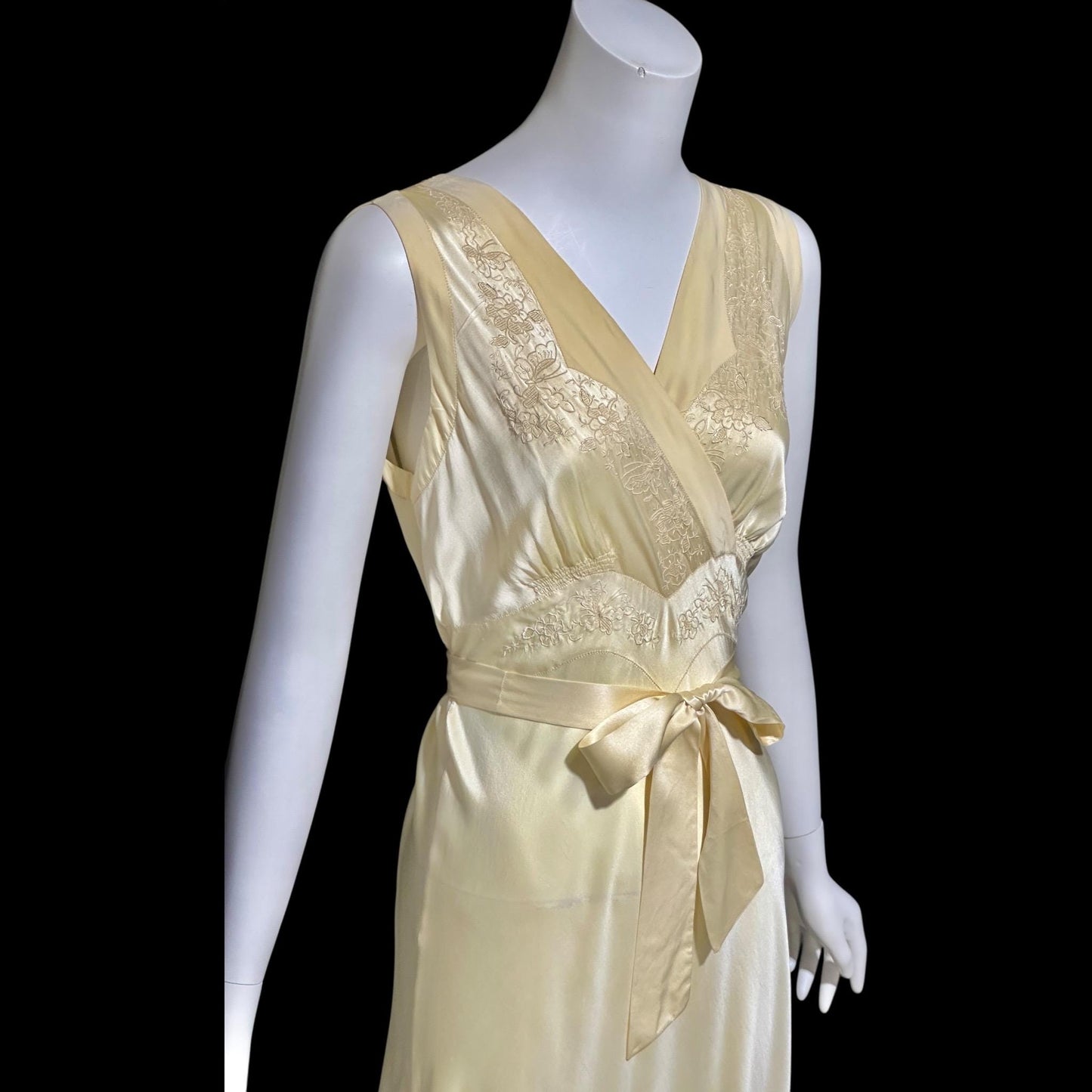 1940s vintage Silk Nightgown slip dress, Butter yellow bias cut embroidered lace slip dress