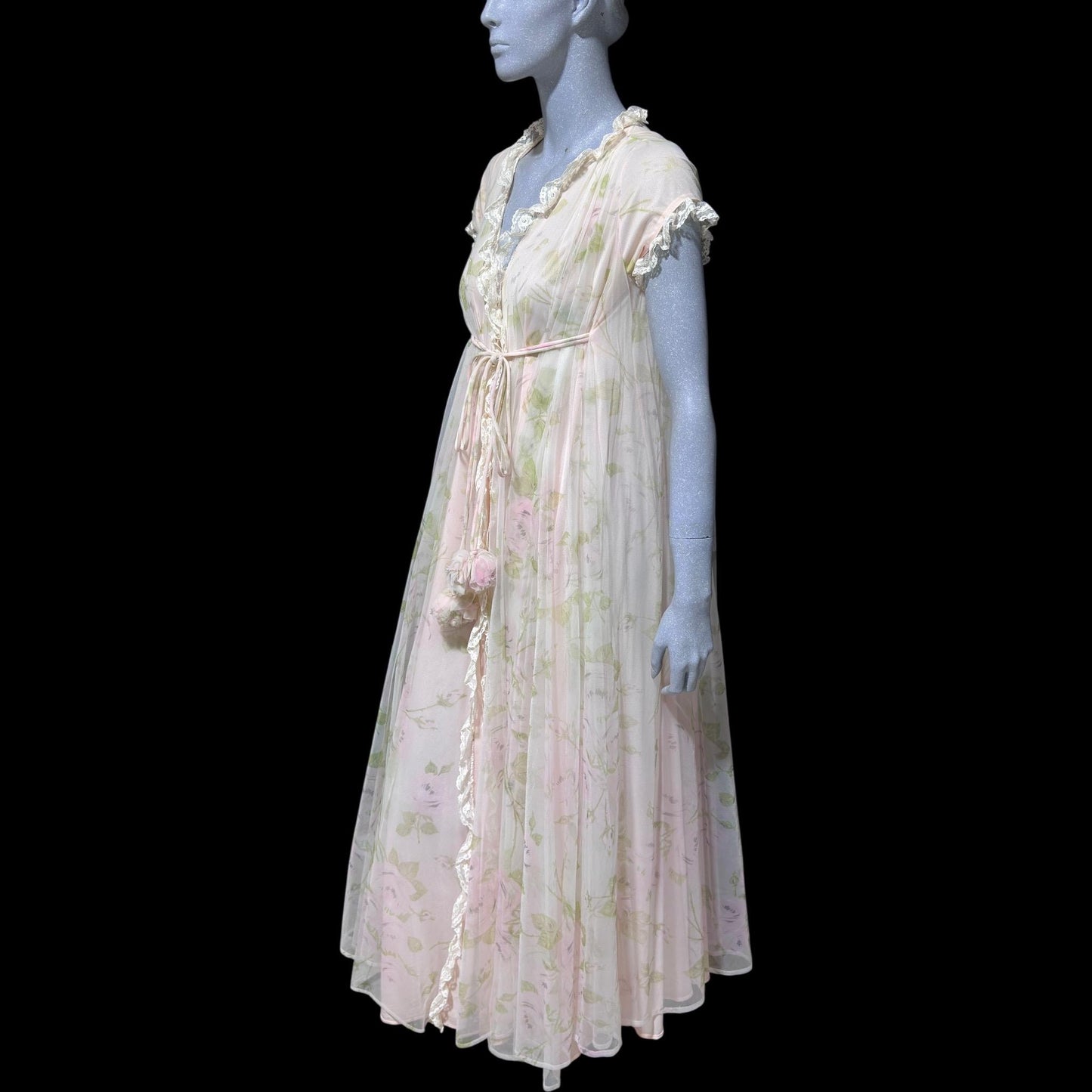 LUCIE ANN Claire Sandra, vintage 1960s Pink floral full sweep peignoir nightgown, grecian wrap pom pom dress, waterfall back robe