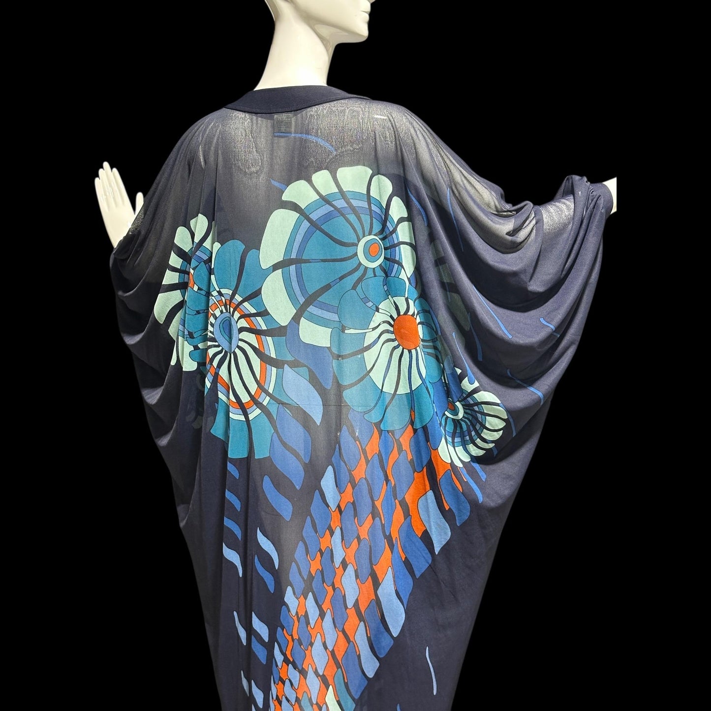 GOTTEX Vintage 1970s sheer kaftan caftan style dress, Sheer nylon navy blue Abstract flowers