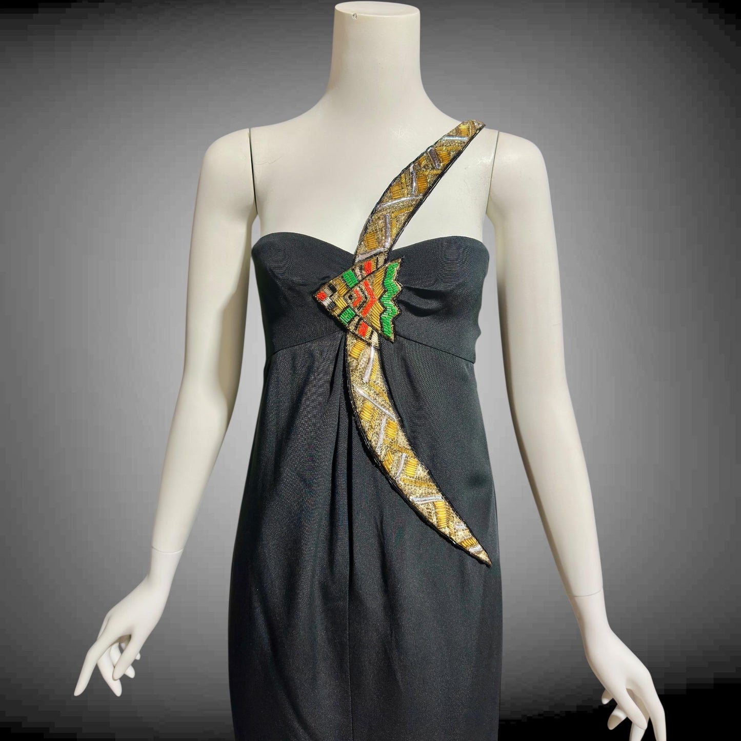BERNARD PERRIS vintage 1980s beaded gown, black silk one shoulder sheath column evening gown, Made in France