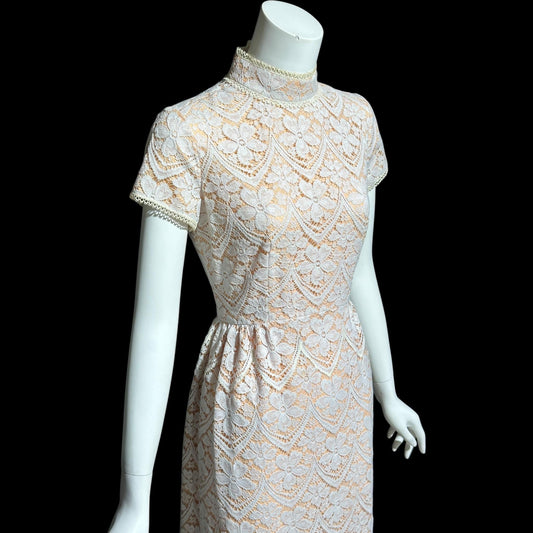 VICTOR COSTA, vintage 1970s evening dress, white and peach lace high neck column dress