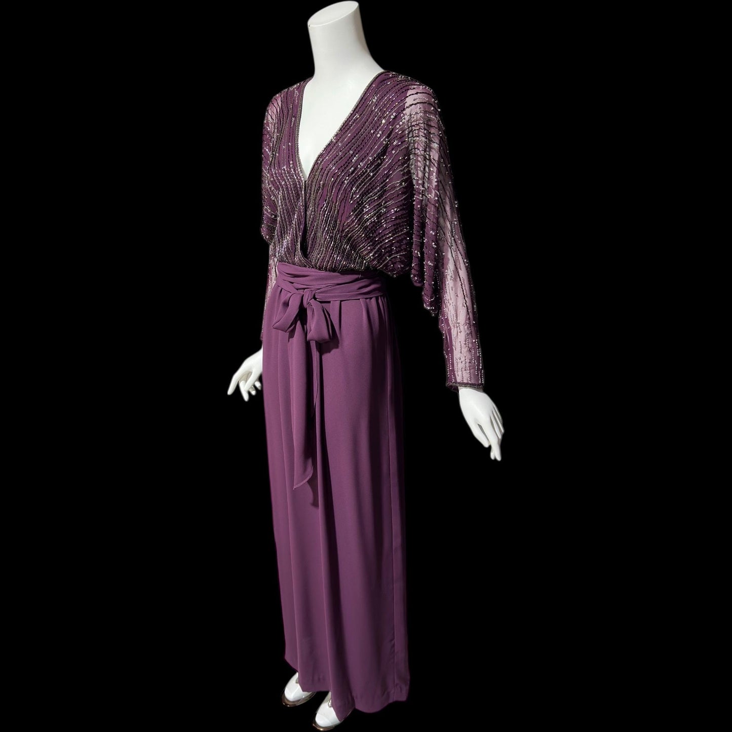JACK BRYAN vintage evening dress gown, 1970s Aubergine Eggplant Purple chiffon beaded dolman sleeves, Deep V