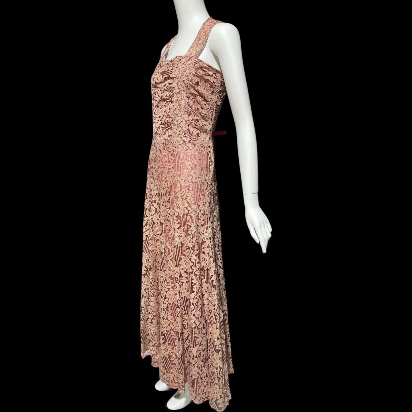 1930s vintage evening dress, Dusty pink lace sheath gown, fully lined
