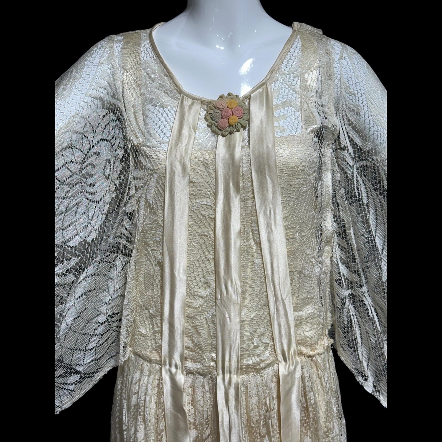 1920s Antique vintage wedding dress, Handmade candlelight white silk and lace slip dress with scarf sleeves, bridal flapper dress