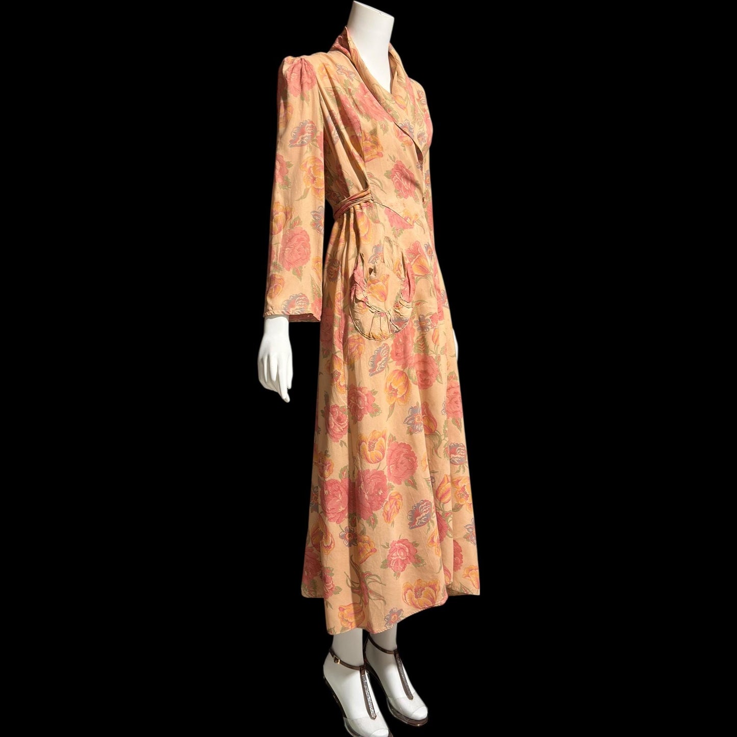 1930s vintage silk chintz floral robe, Dusty pink wrap front long house coat, Rehabilitated Wounded Bird
