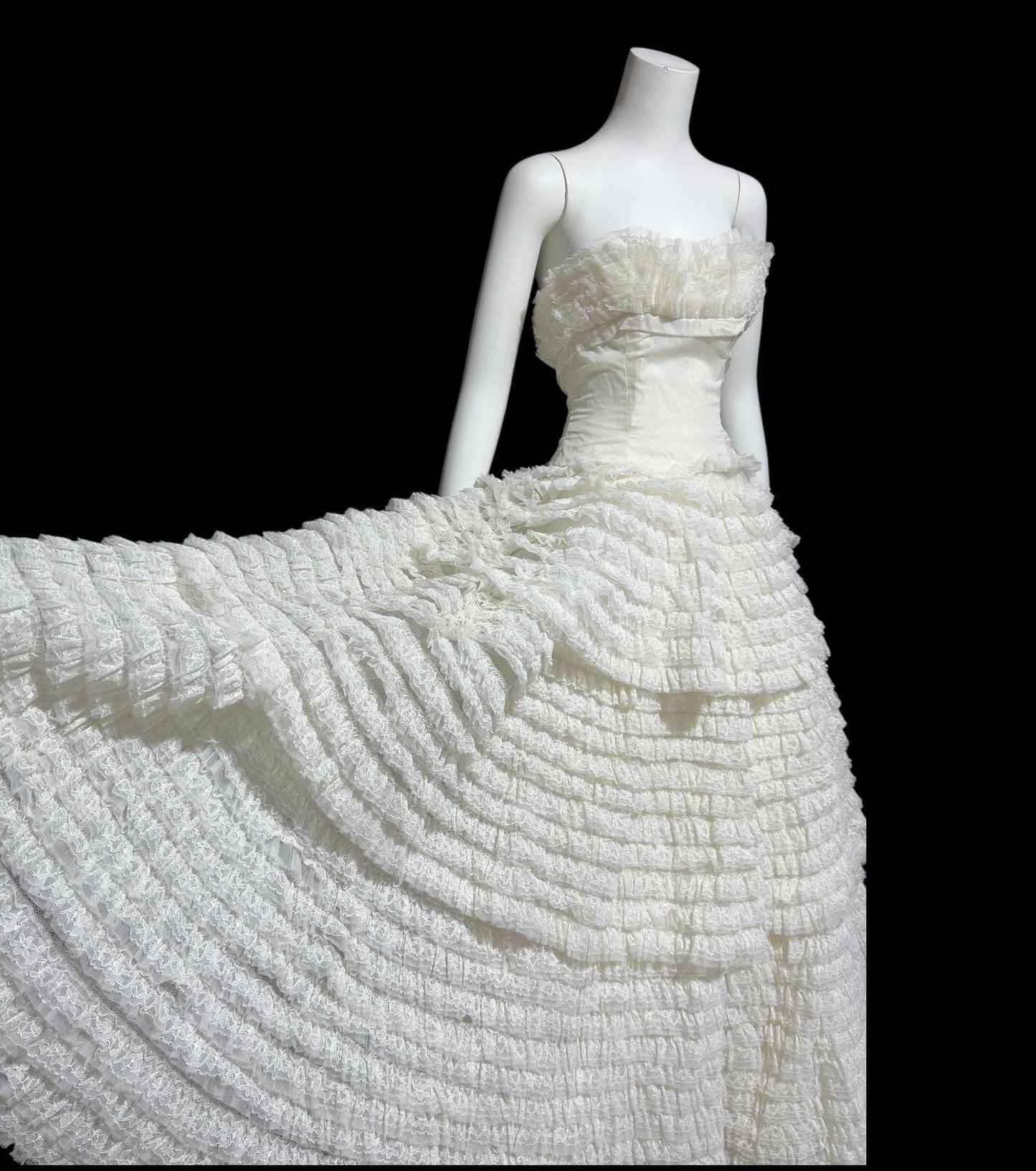 1950s vintage wedding gown, Custom Made white tiered lace cupcake dress ball gown