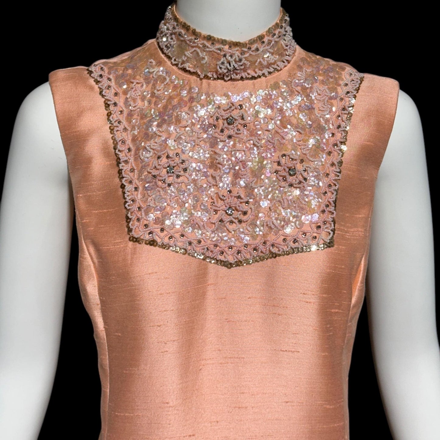SMART MISS Vintage 1960s evening gown and opera coat ensemble, Peach raw silk high neck beaded mod column dress and duster