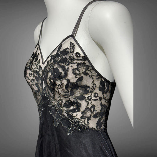 VANITY FAIR Vintage 1950s nightgown slip dress, Black Nylon Metallic Lace Lingerie dress