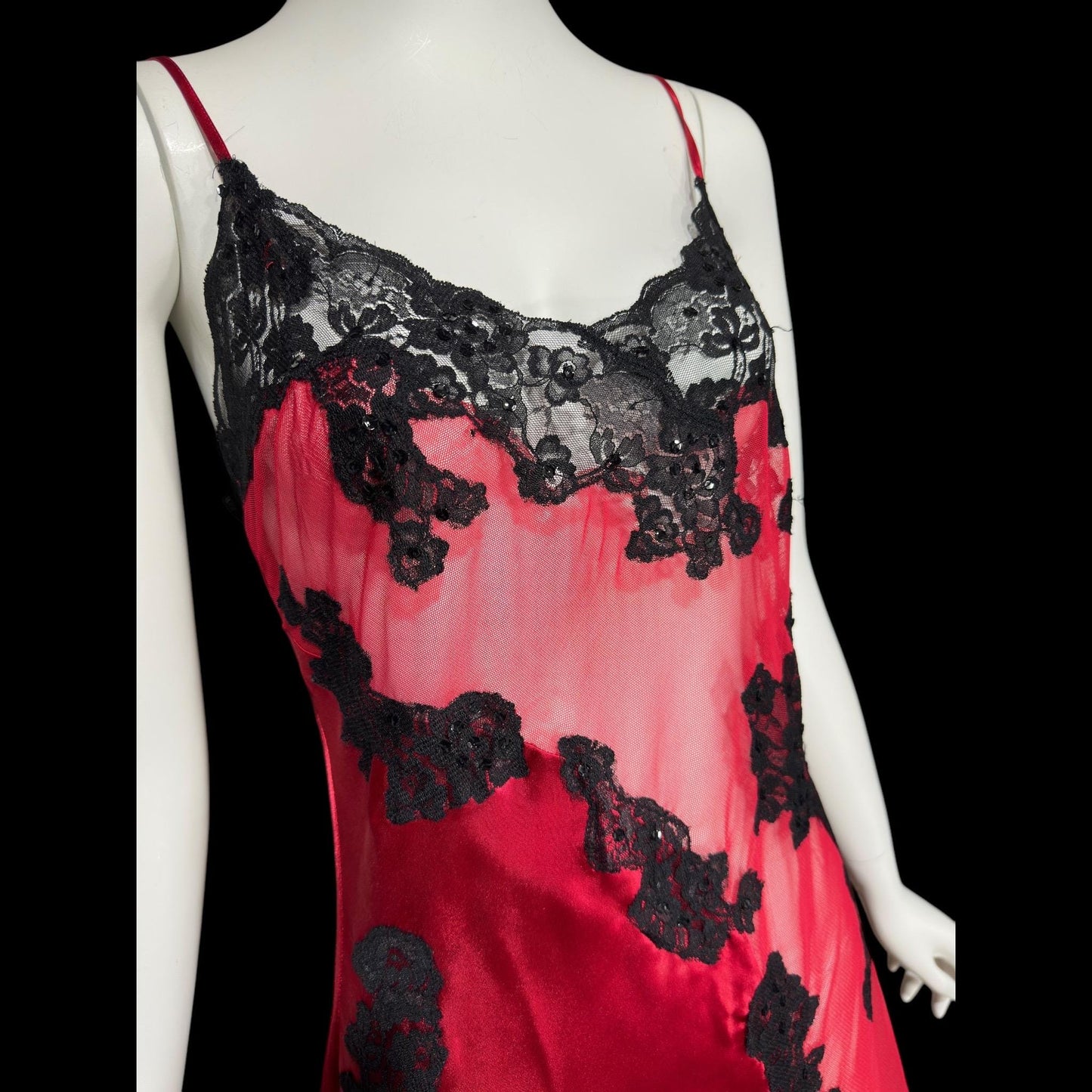FREDERICK'S Attributed, vintage 1980s Slip Dress, Red and black satin and sheer mesh, lace and sequins, sheath night dress