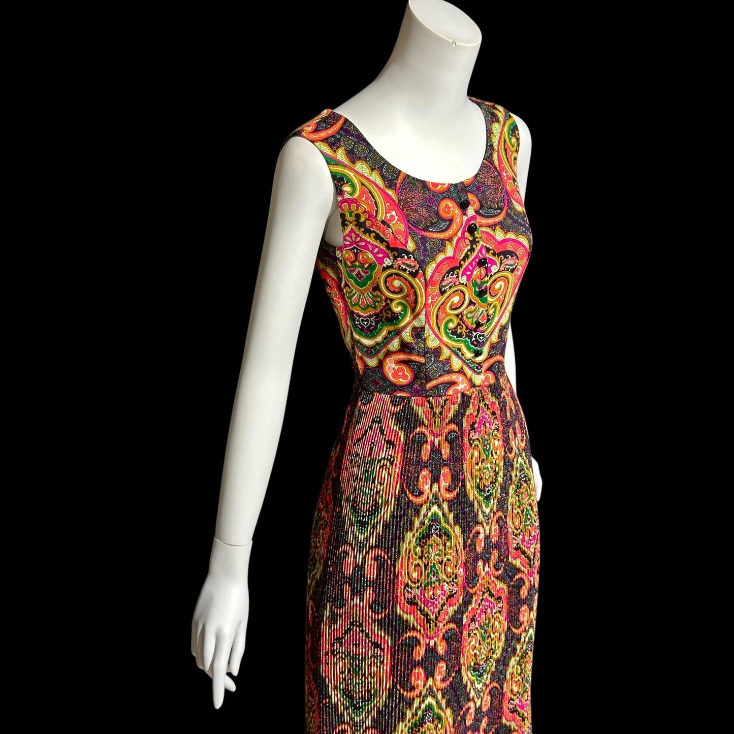 FRED ROTHECHILD, vintage 1970s maxi dress, micro pleated skirt, neon op art paisley, casual day hippie boho dress