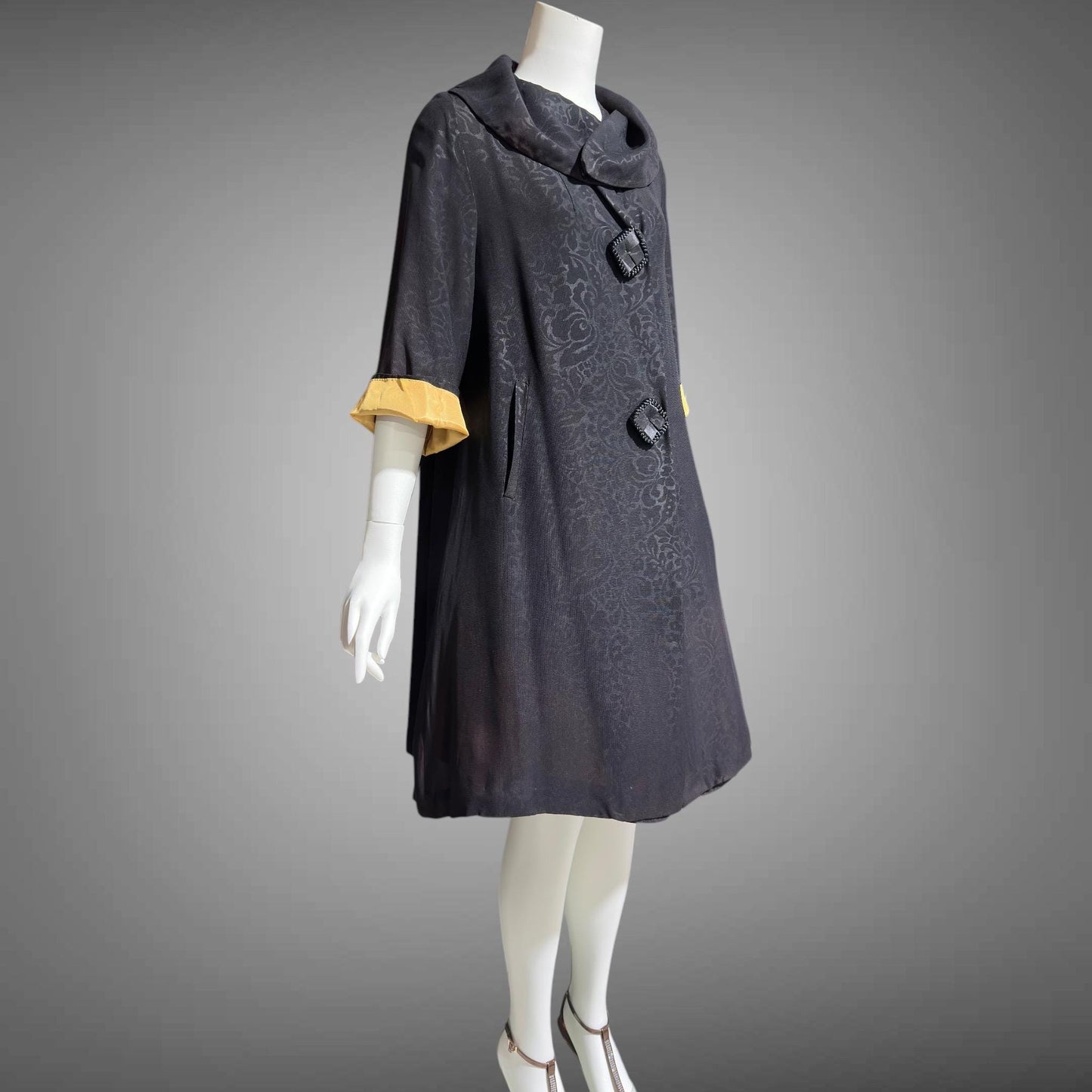 1930s vintage evening swing coat, black swing opera coat duster with satin lining