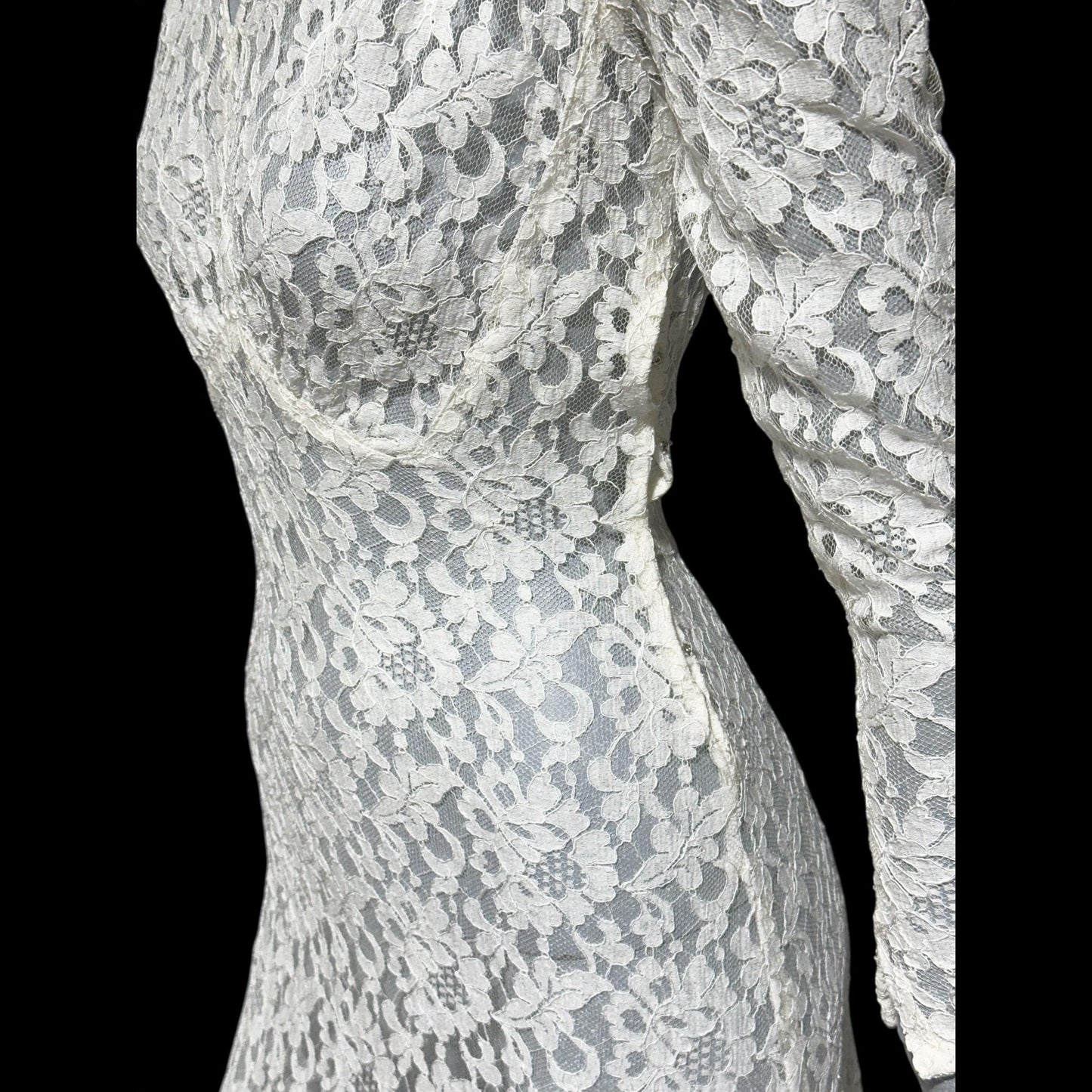 1940s vintage wedding bridal dress, white see through lace sheath full length gown