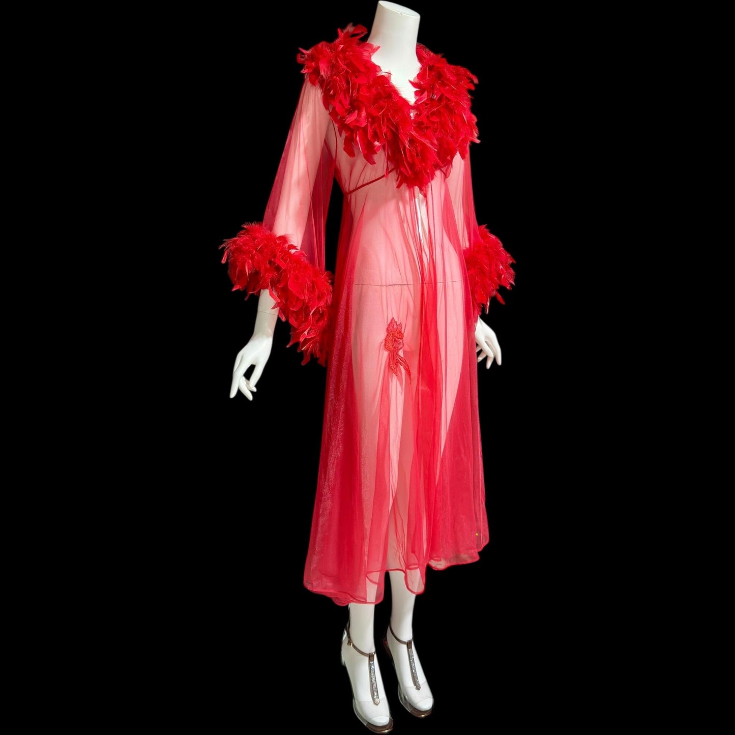TRIANGLE vintage 1970s dressing gown, sheer bold red chiffon housecoat with feather trim, peignoir house coat