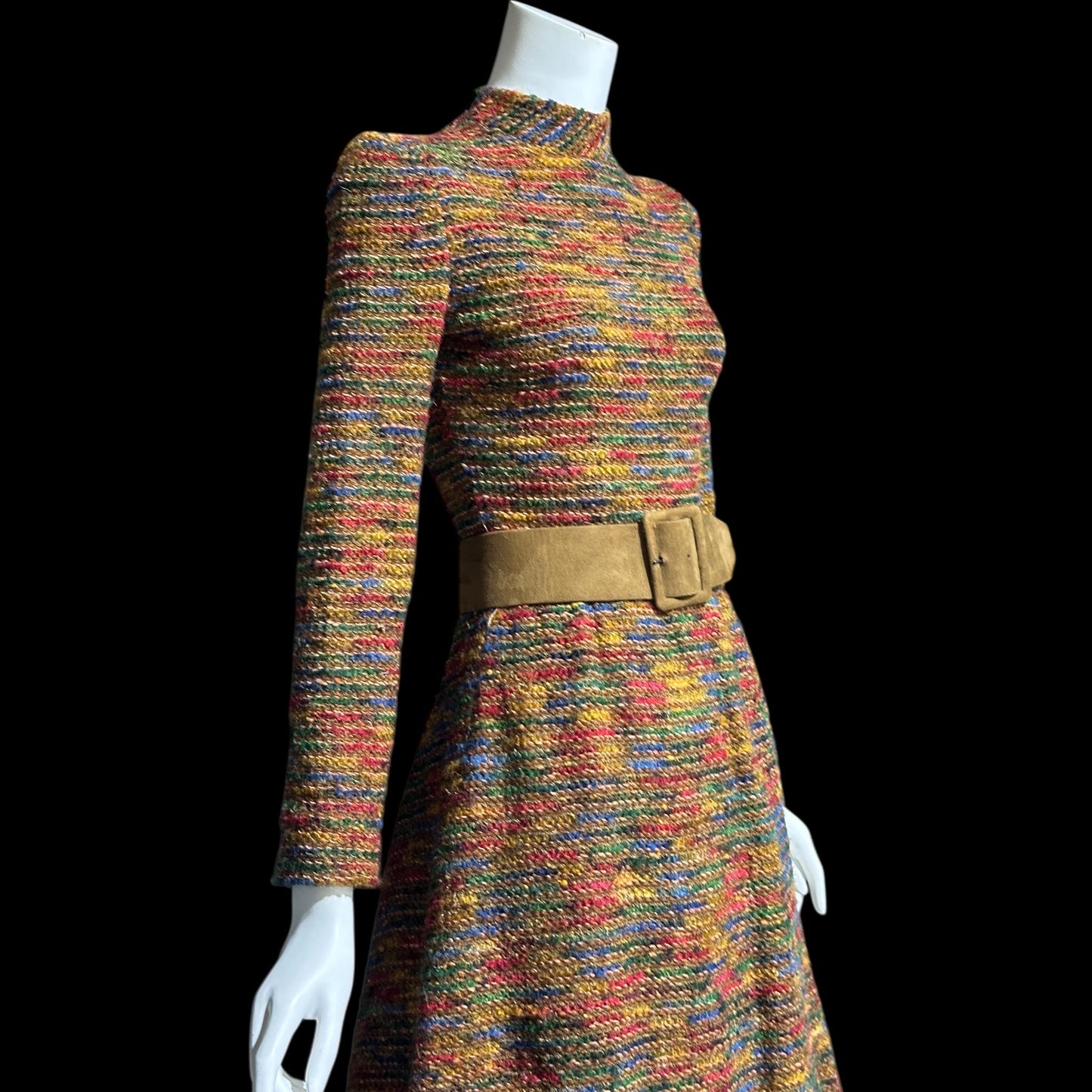 ARNOLD SCAASI vintage 1970s Day Dress, boucle wool & silk high neck dress
